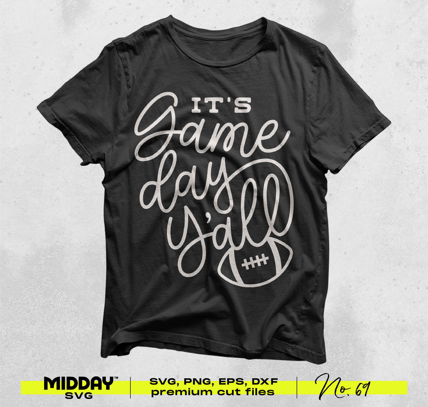 Black t-shirt with 'It's Game Day Y'all' football design from Football SVG PNG Bundle V7, perfect for team shirts and crafts.