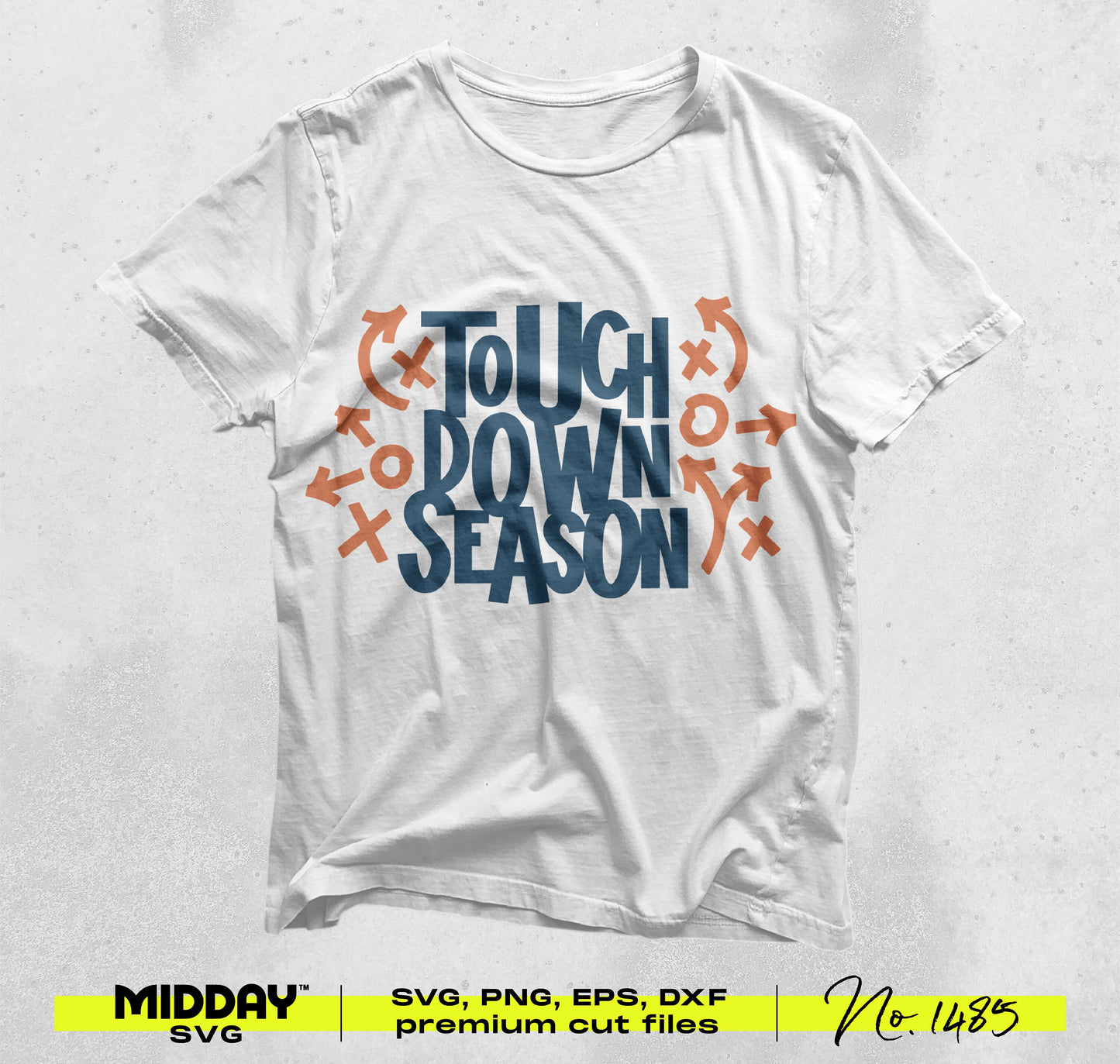 White shirt with 'Touch Down Season' football SVG design and orange football play symbols.