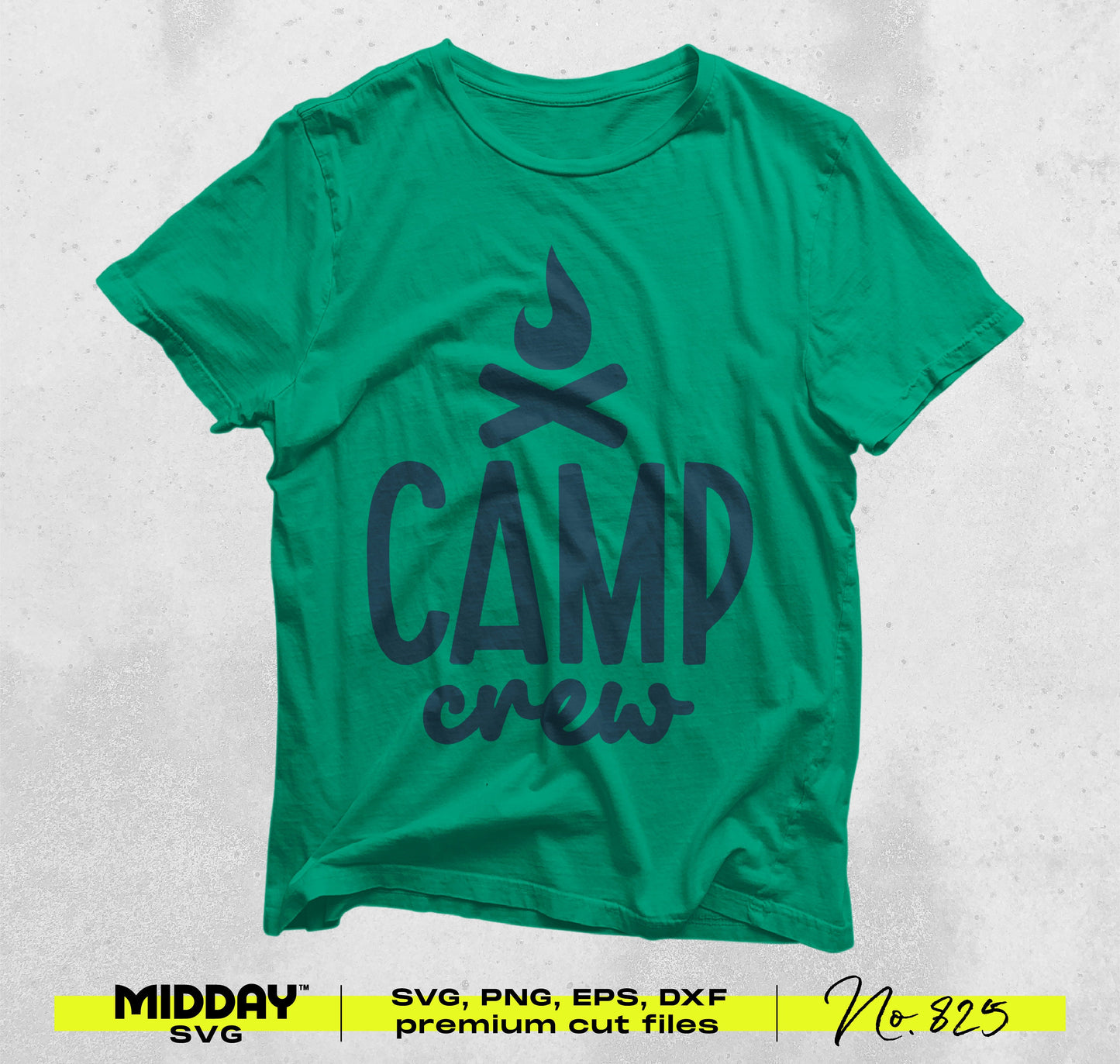 Green t-shirt with camp crew design, featuring high-quality SVG and PNG cut files for crafting. Outdoor adventure theme.