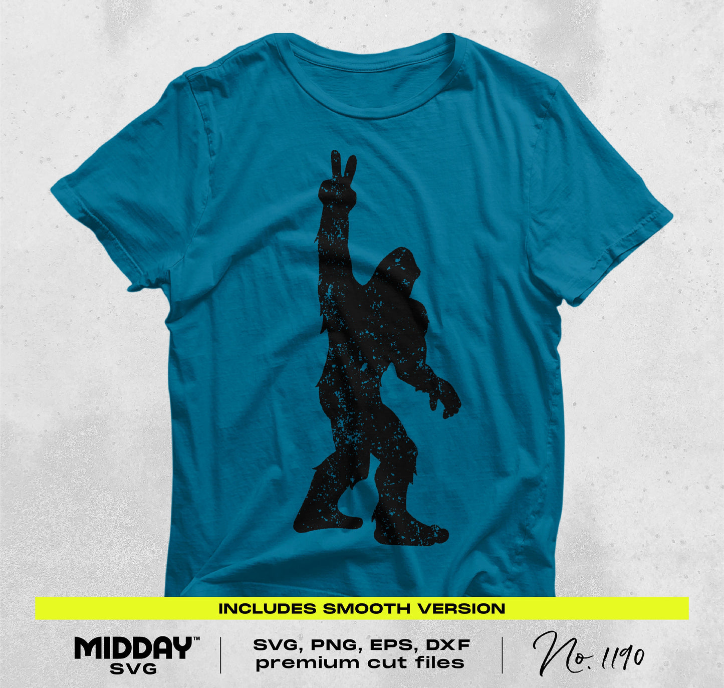 Blue t-shirt featuring a Bigfoot silhouette with a peace sign, part of an SVG and PNG bundle for outdoor and crafting projects.
