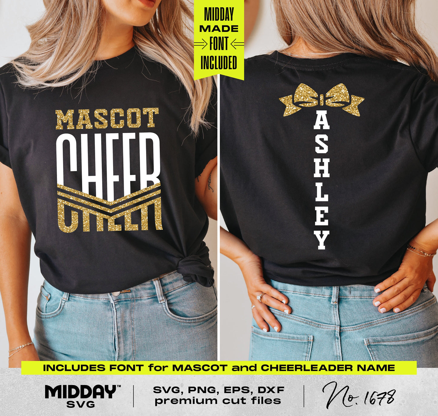 Cheerleader shirt design with customizable name and mascot on black tee, featuring included font in SVG, PNG, EPS, DXF formats.