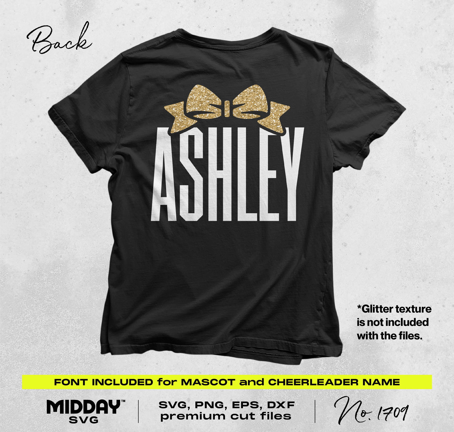 Custom cheerleading shirt with glittery bow design and "Ashley" text, showcasing personalized SVG and PNG template features on a black tee.
