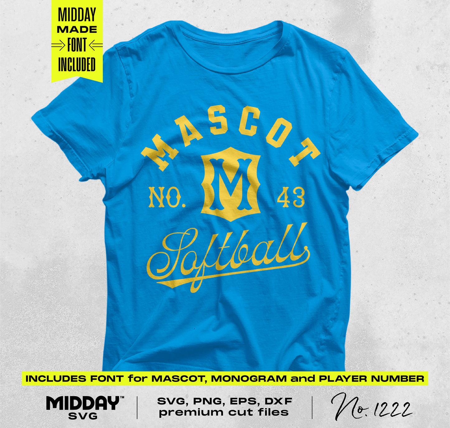 Blue t-shirt with custom mascot and softball monogram design, featuring SVG and PNG files for DIY projects.