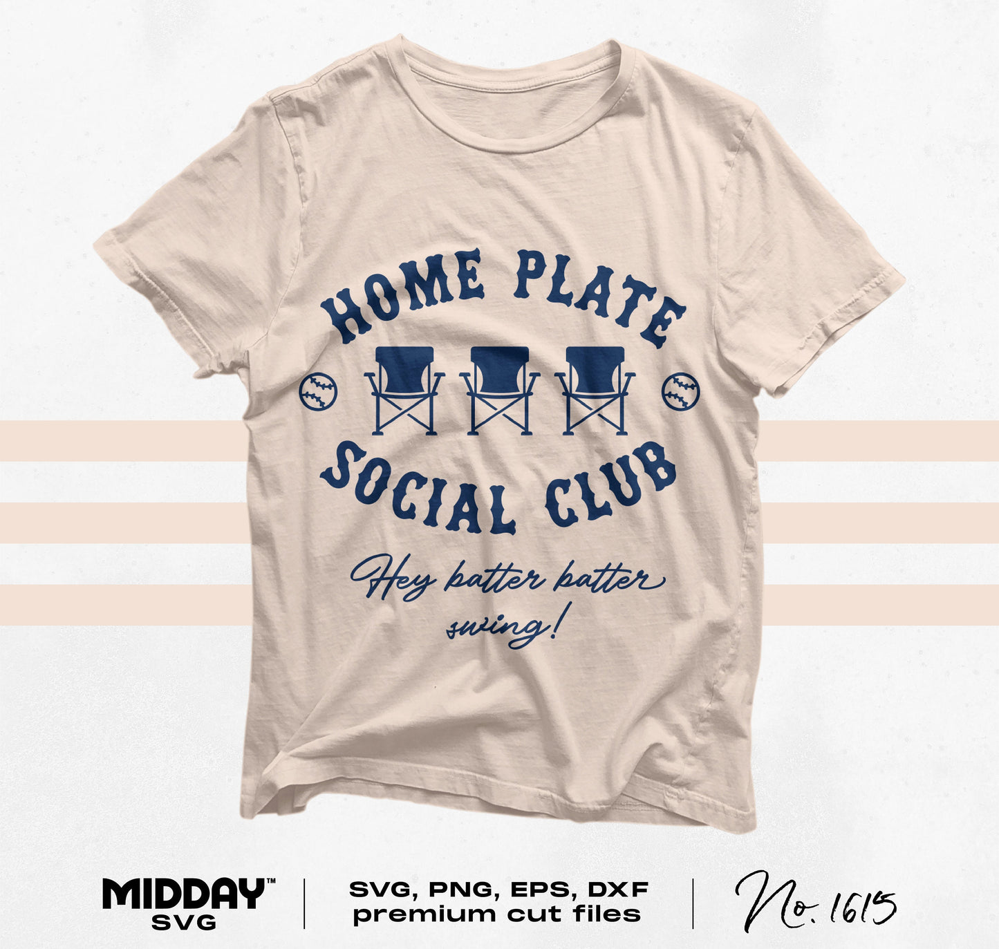 Home Plate Social Club baseball T-shirt with chairs and "Hey batter batter swing!" slogan, cut files available.