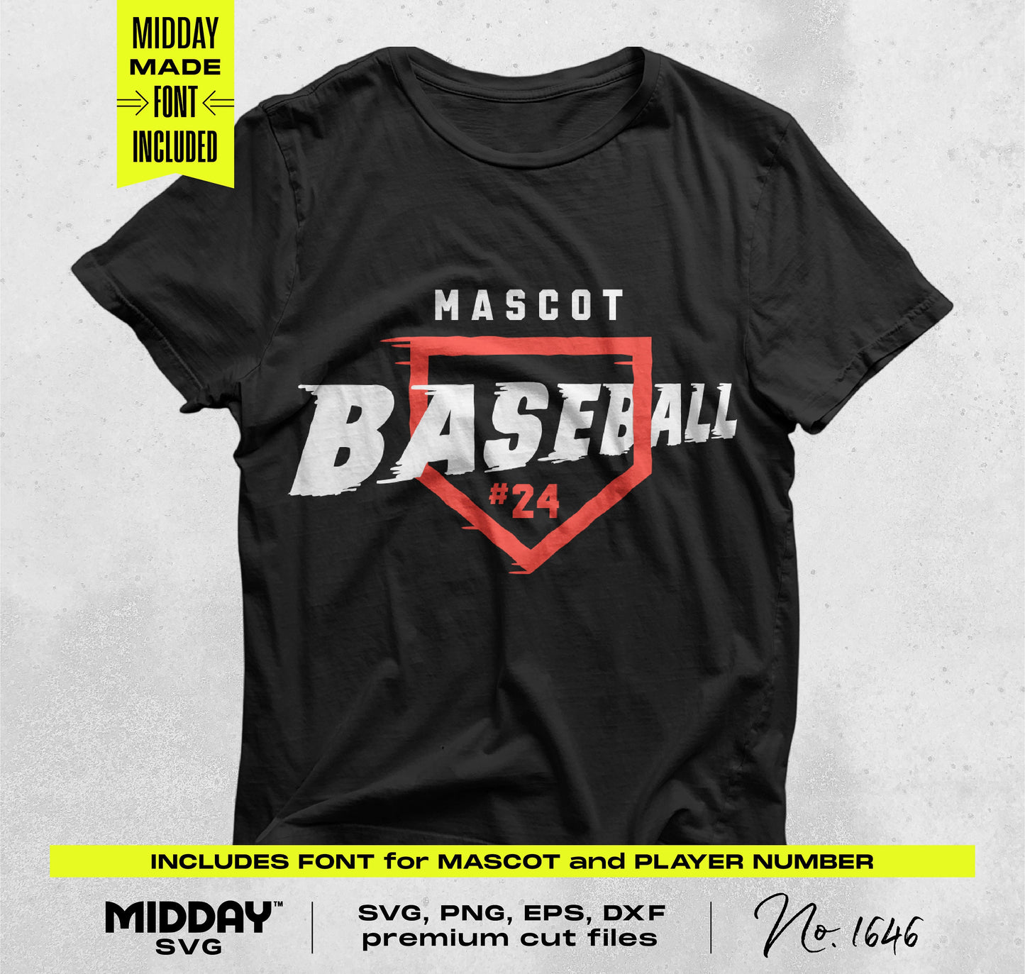 Black t-shirt with custom baseball logo and number from the Baseball SVG PNG Bundle V4 for DIY projects and team gear.
