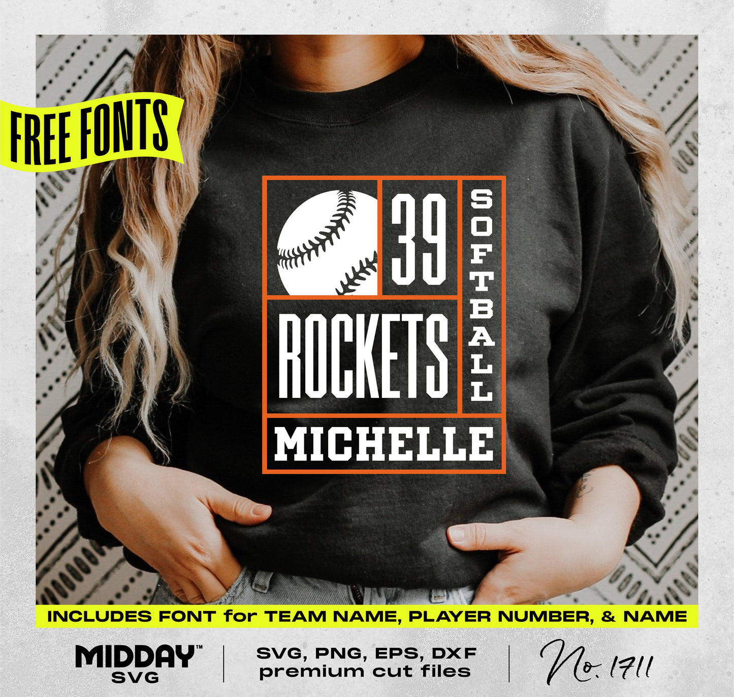 Softball SVG PNG template with customizable mascot, name, and number. Includes .otf font for easy personalization. Free fonts included.