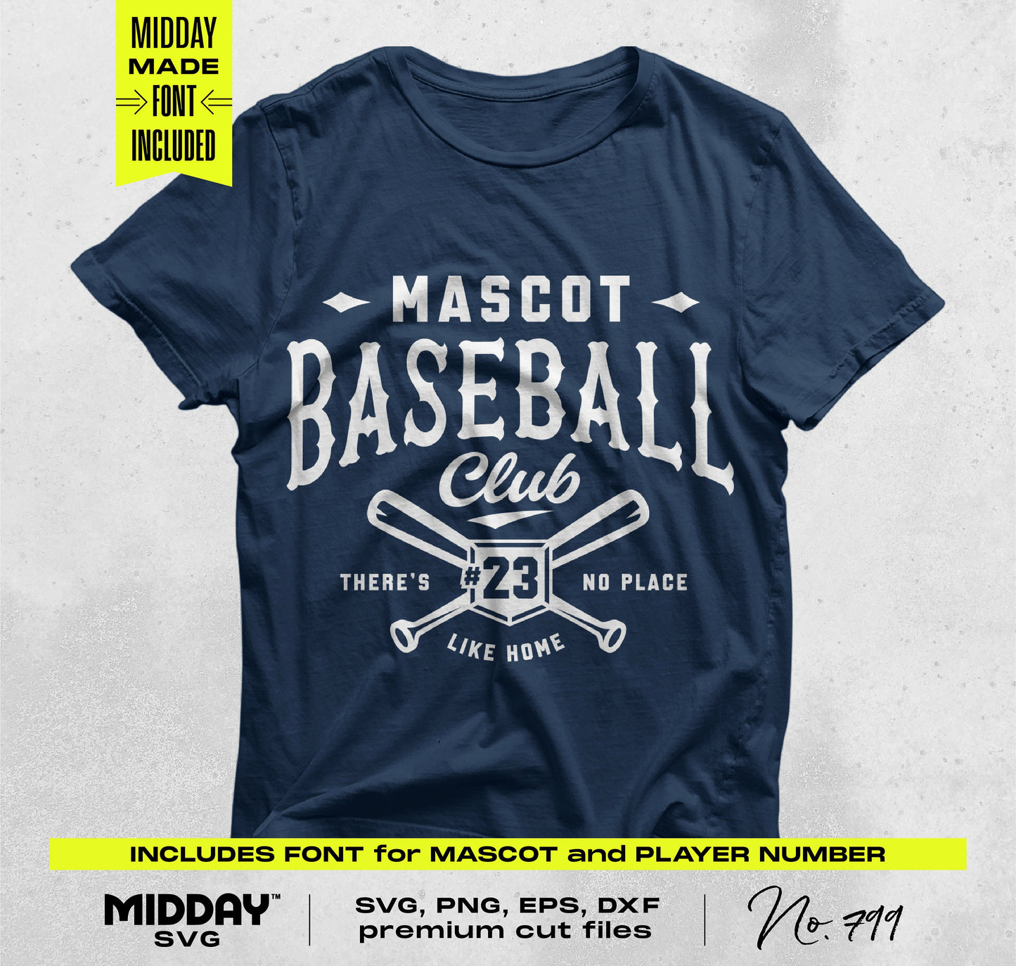 Navy baseball club t-shirt with crossed bat design and customizable number, includes SVG, PNG, EPS, DXF formats for DIY projects.