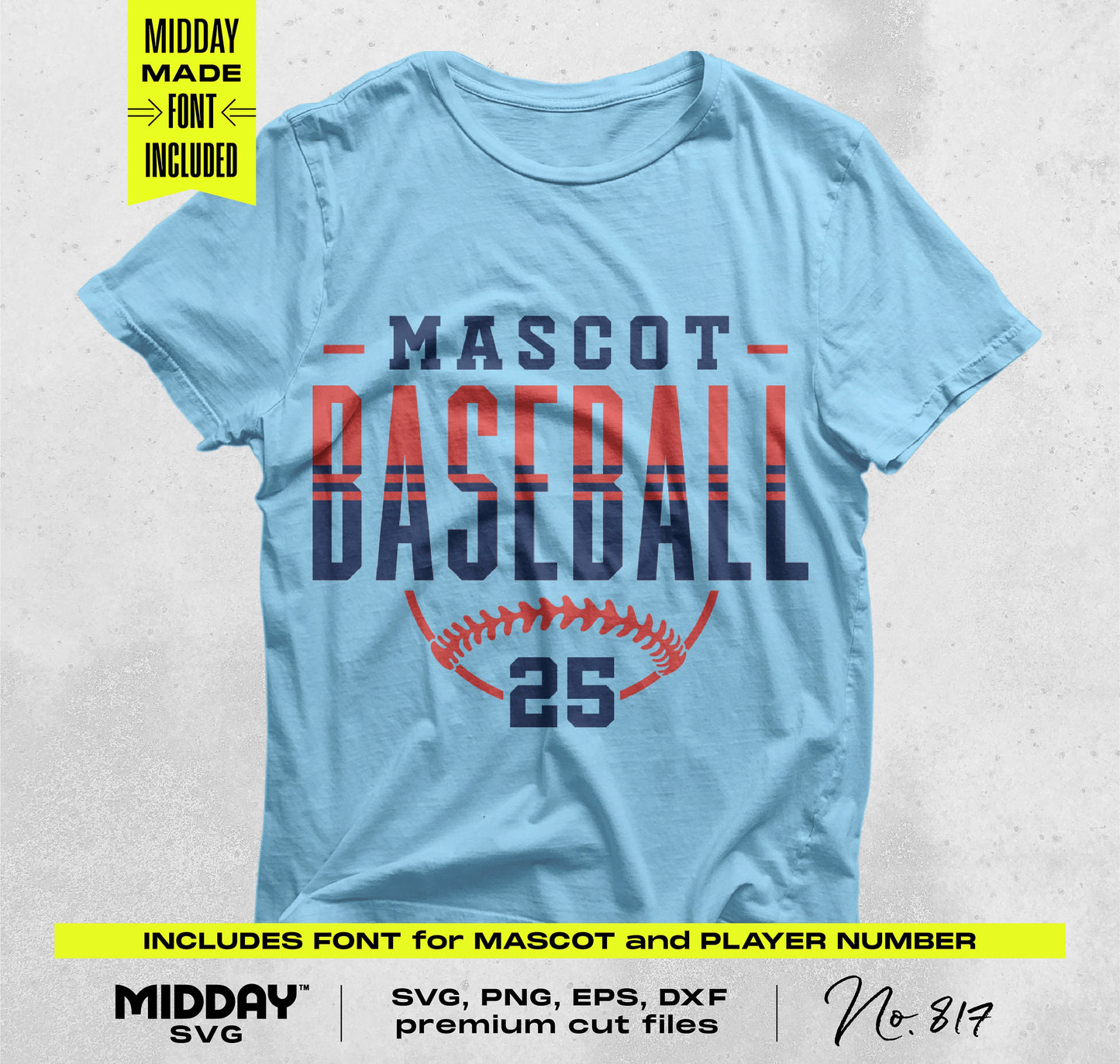Blue T-shirt mockup featuring 'Mascot Baseball 25' design from Bold Baseball Template SVG Bundle for DIY crafts.