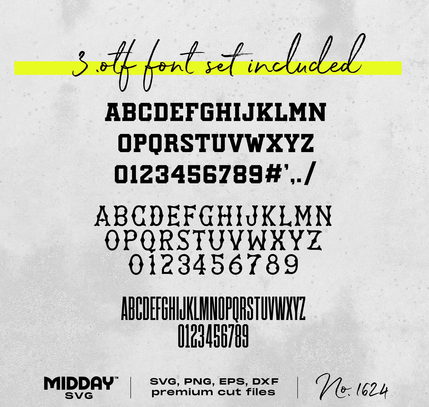 Three versatile font set including SVG, PNG, EPS, DXF cut files by Midday SVG; perfect for crafting and DIY projects.