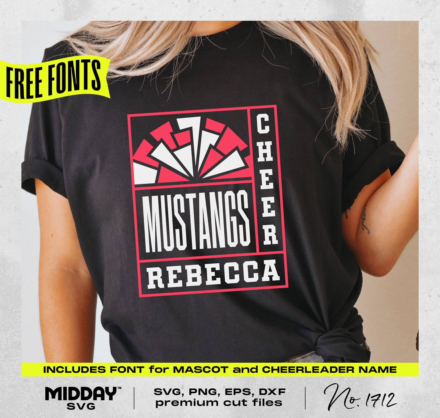 T-shirt featuring Cheer Team Template SVG design with bold typography for mascot 'Mustangs' and cheerleader name 'Rebecca'. Includes free fonts.