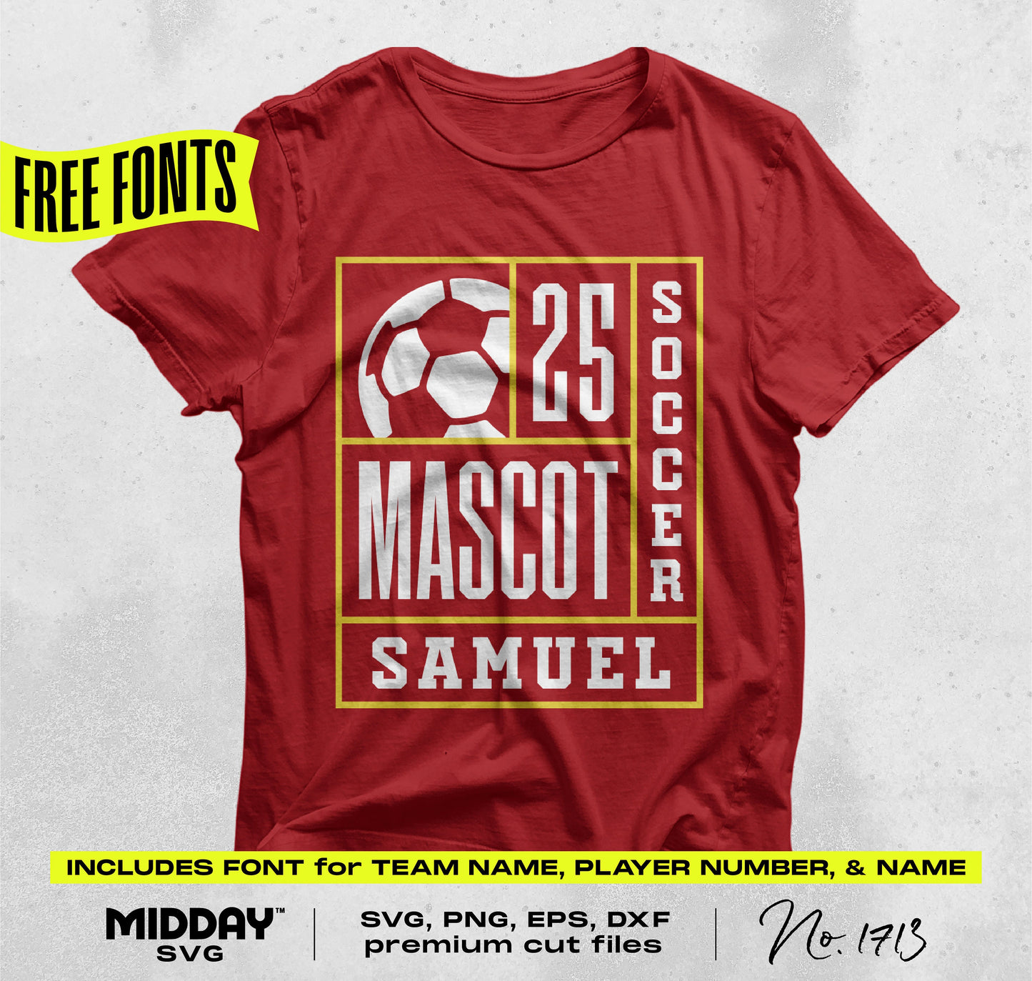 Red t-shirt featuring DIY Soccer Team SVG design with customizable player name, number, and mascot in white and gold.
