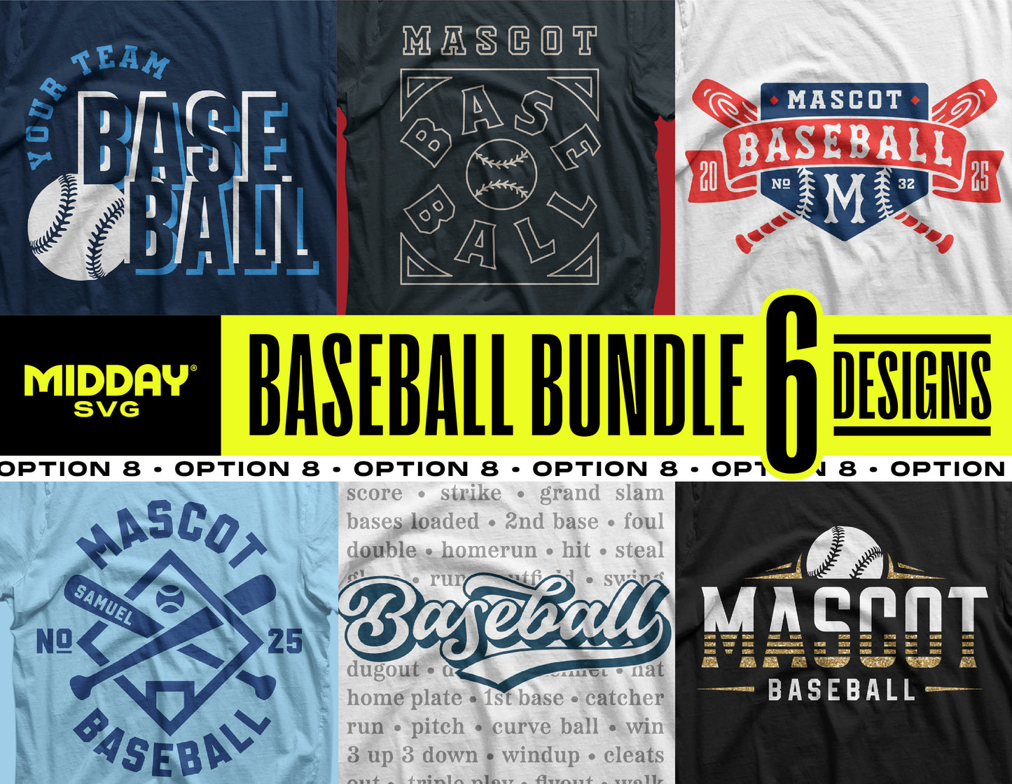 Baseball Bundle v8 featuring 6 unique baseball-themed SVG PNG designs for crafting, apparel, and party decor by Midday SVG.