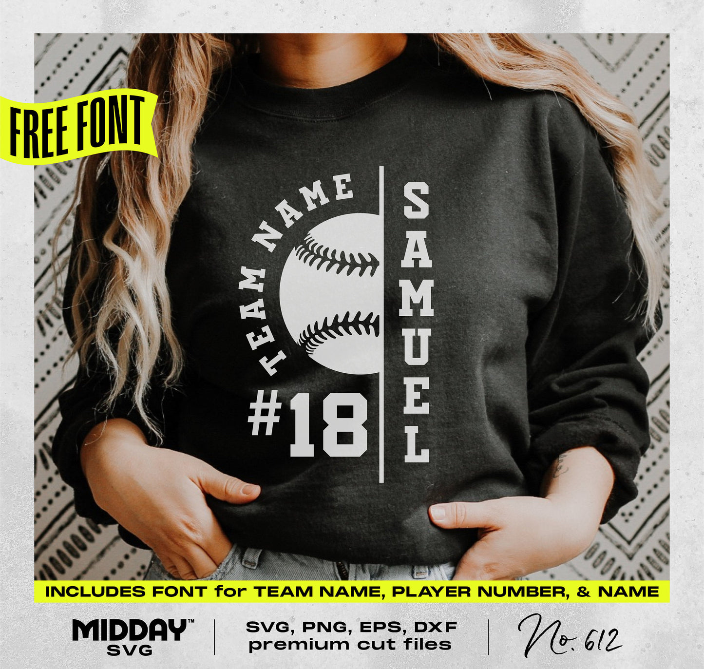 Customizable baseball team SVG with player number and name template on black sweatshirt, perfect for Cricut and Silhouette cutting.