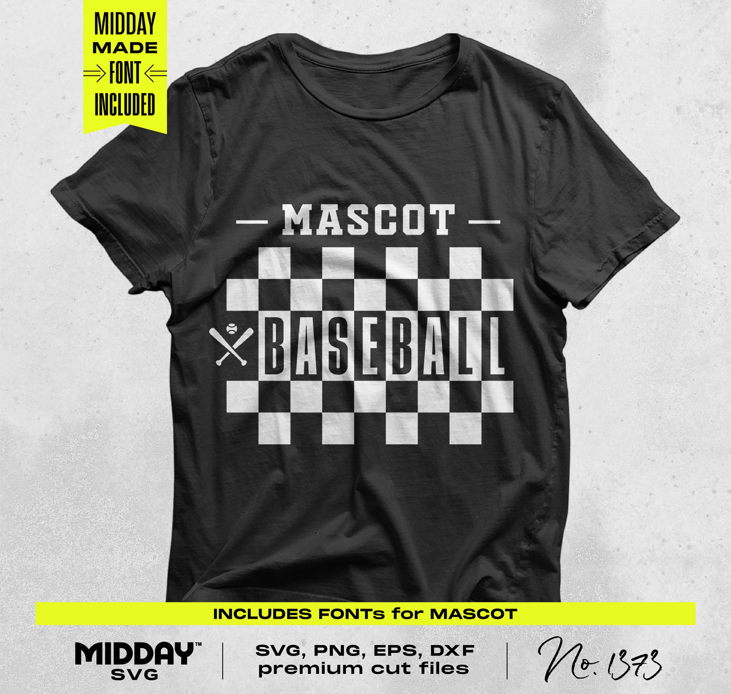 Black T-shirt featuring baseball Mascot design with checkered pattern and cross bats, includes fonts for customizable team gear.