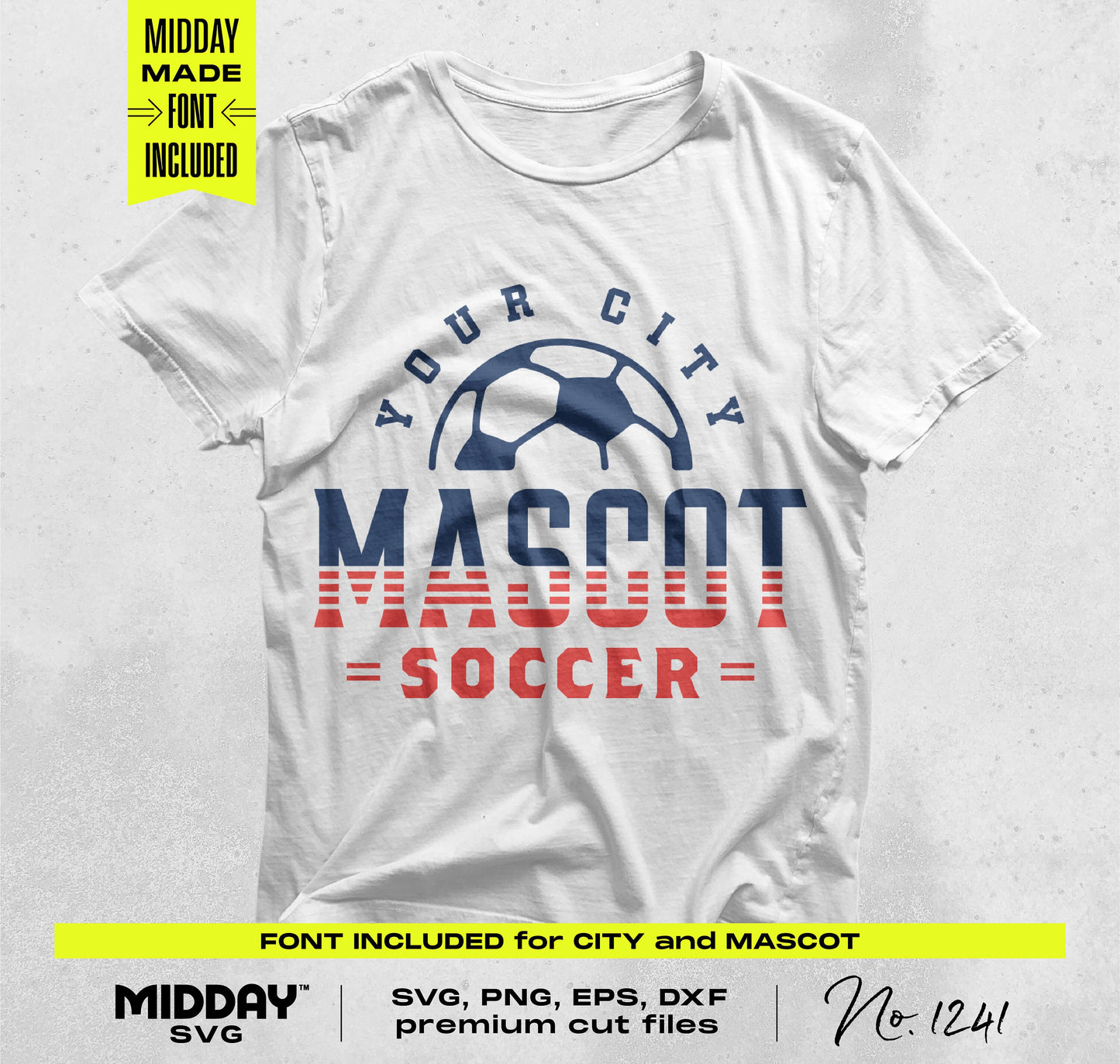 Customizable soccer T-shirt with "Your City Mascot Soccer" design, part of the Soccer SVG PNG Bundle V2 for DIY projects.