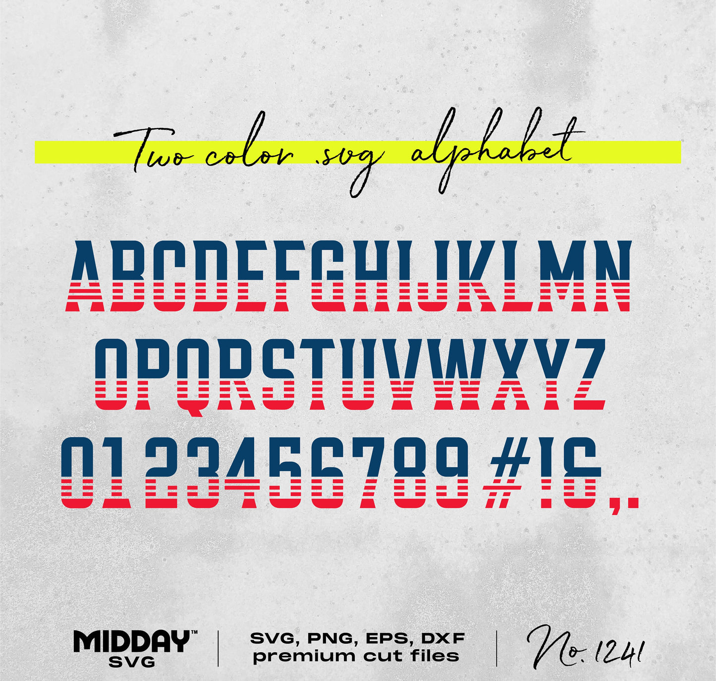 Two-color SVG alphabet set with red and blue striped letters and numbers, suitable for DIY projects and digital downloads.