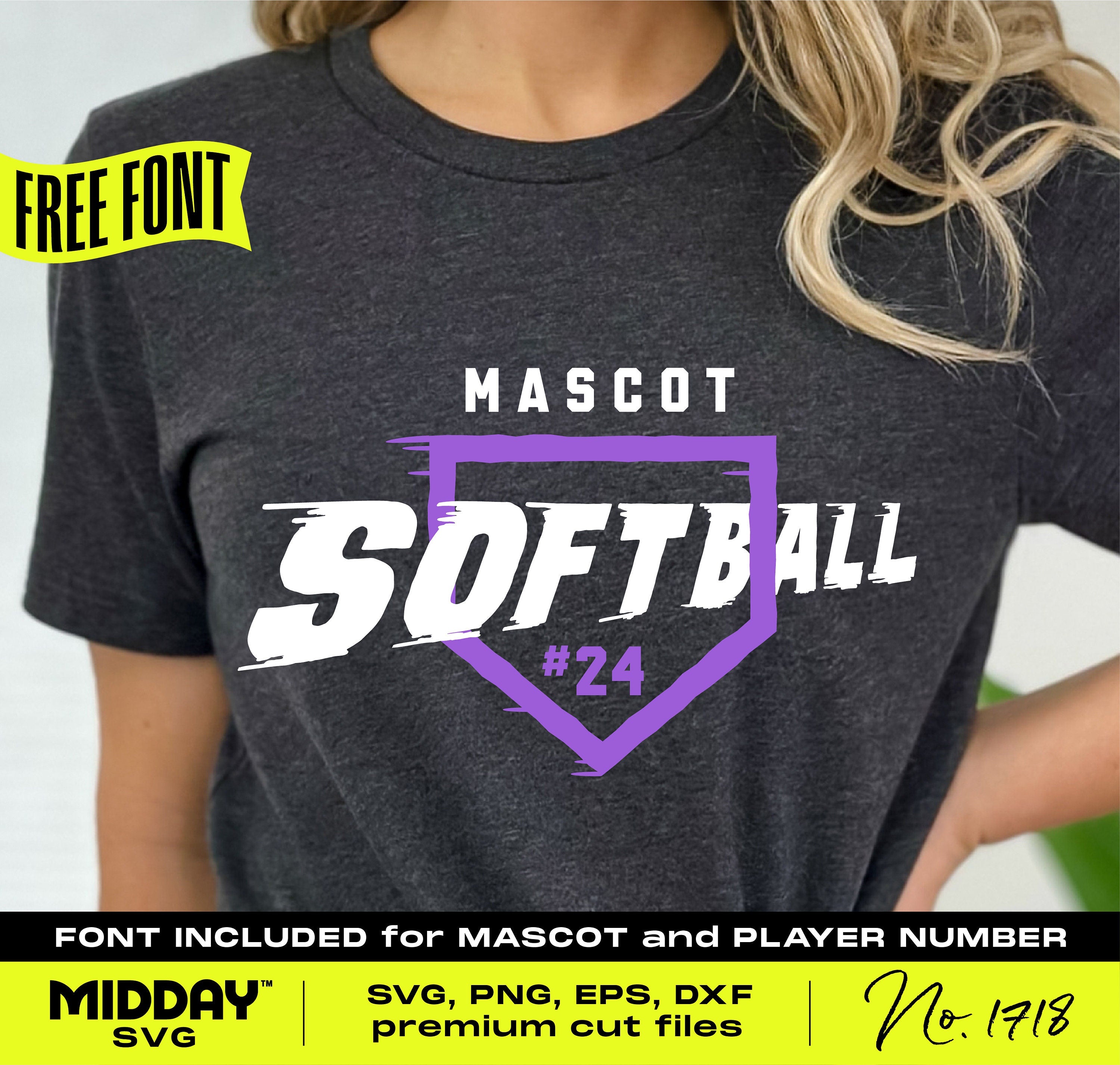 DIY Custom Softball SVG PNG design on t-shirt featuring mascot and player number with free font included, perfect for personalized gear.