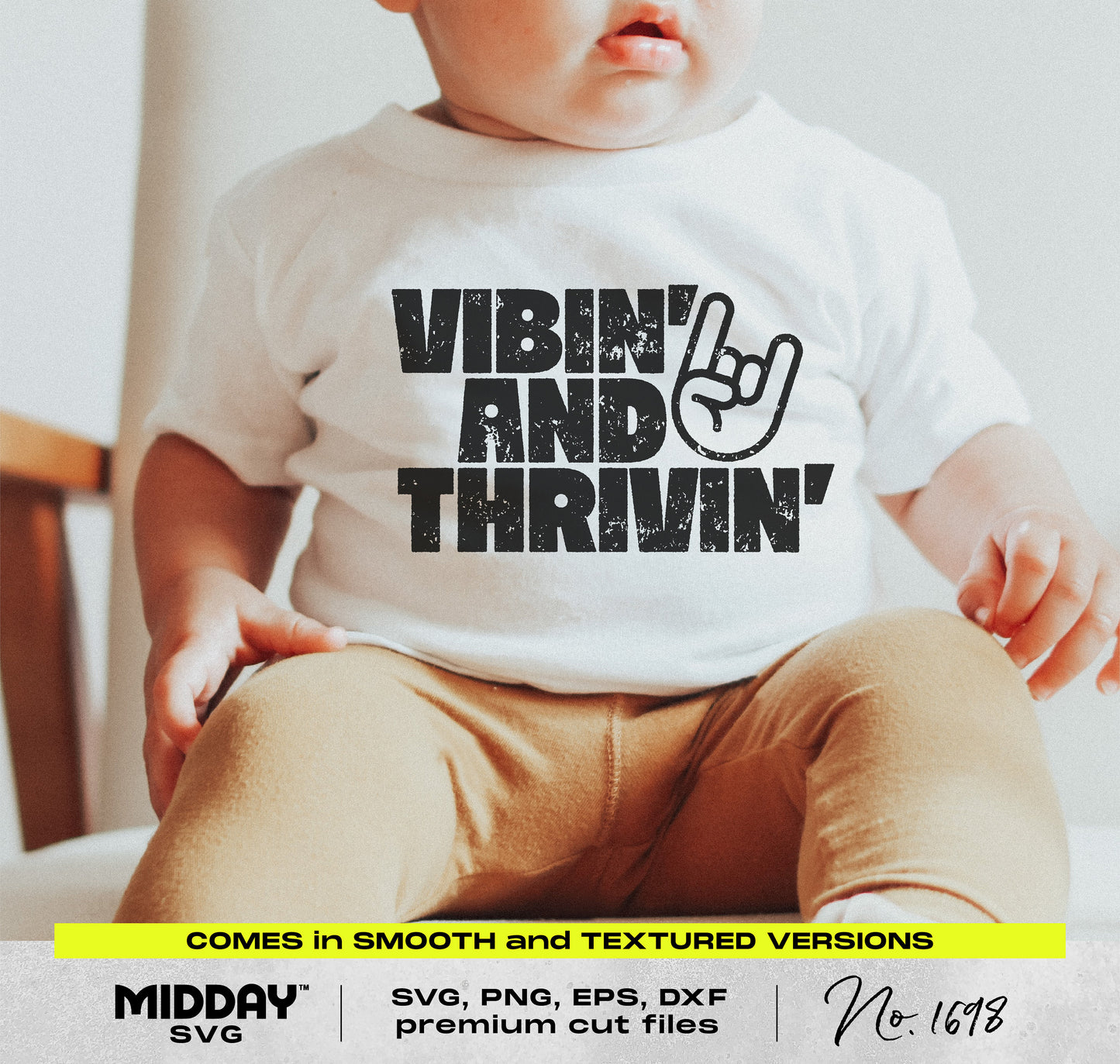Baby wearing a t-shirt with 'Vibin' and Thrivin'' text, showcasing Thrivin' and Vibin' kids design for DIY apparel projects.