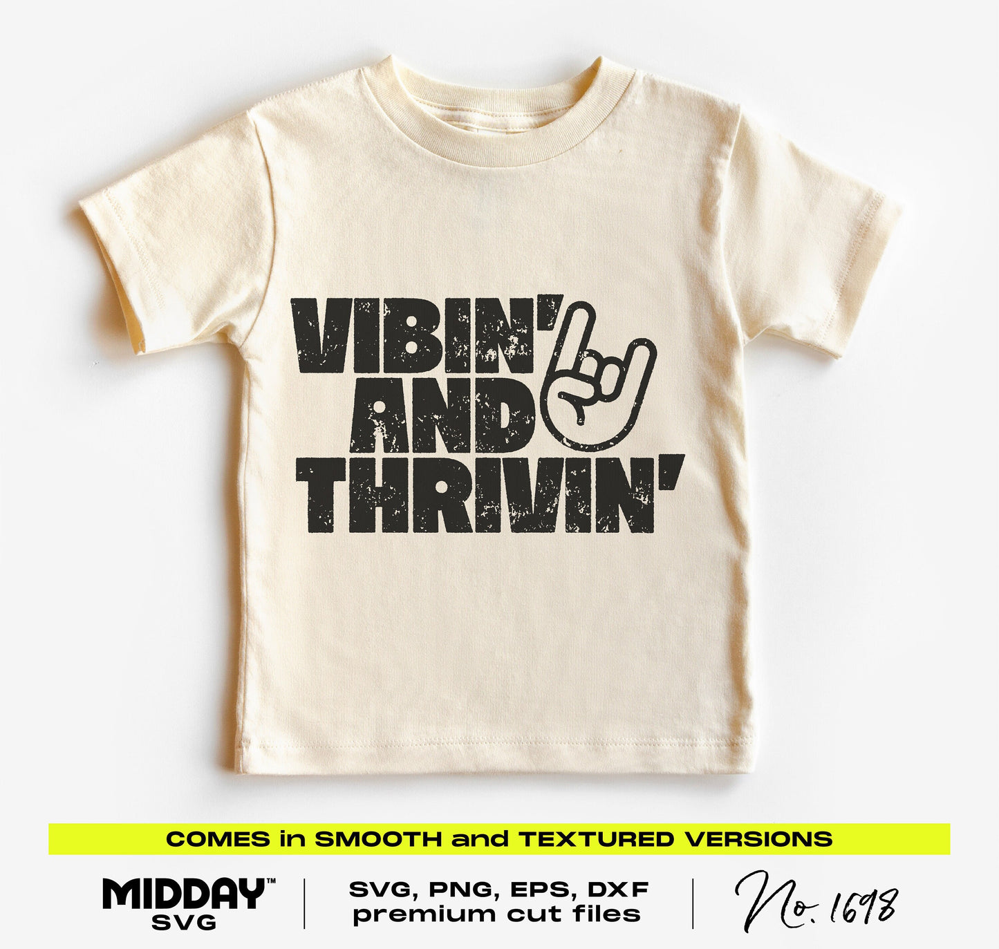Cream kids t-shirt with 'Vibin' and Thrivin'' print, rock hand graphic, ideal for DIY projects, SVG PNG DXF files included.