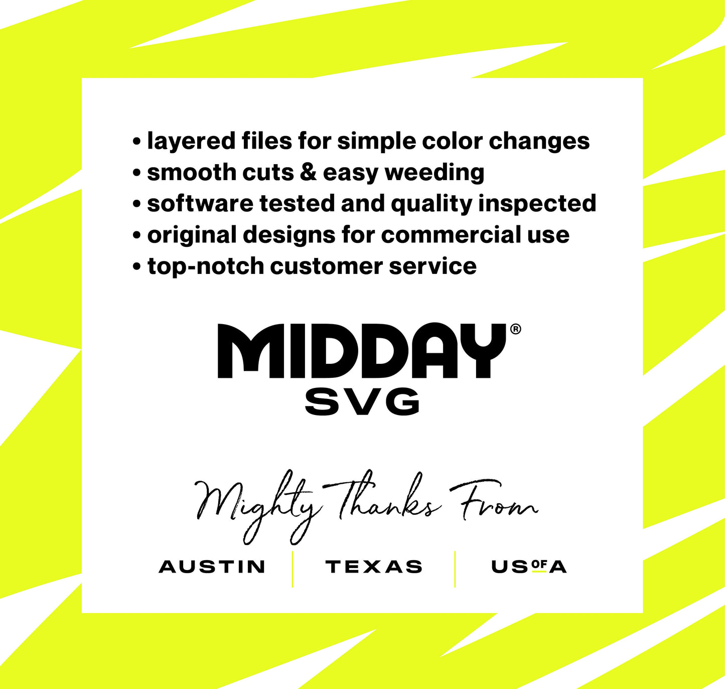 Midday SVG features easy color changes, smooth cuts, commercial designs, and top service from Austin, Texas, USA.