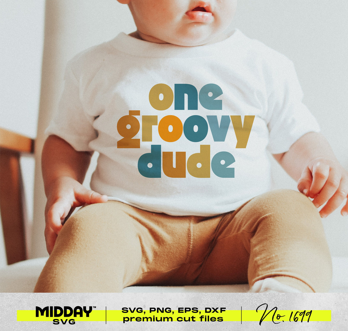 Baby wearing 'One Groovy Dude' t-shirt, perfect for fun nursery decor or trendy toddler apparel. SVG/PNG design for custom creations.