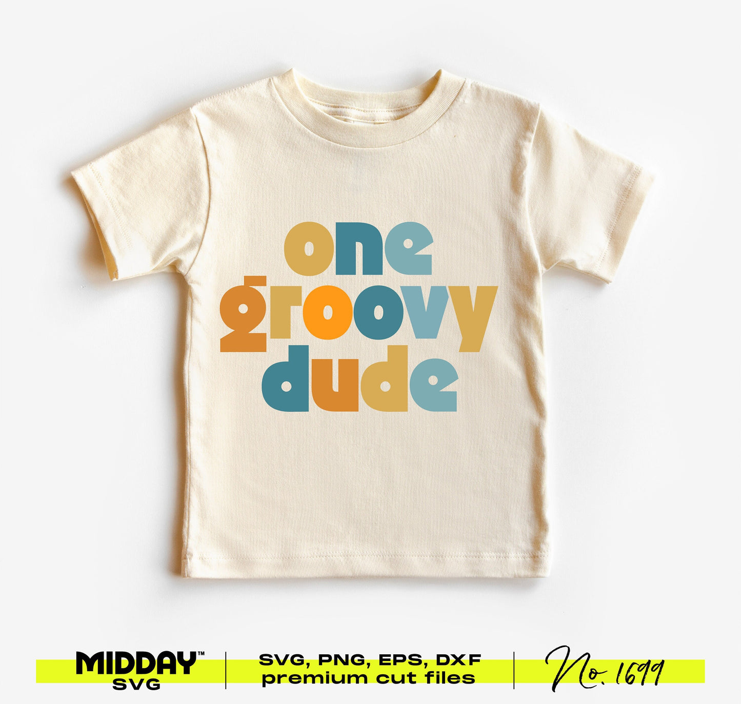 Cute 'One Groovy Dude' baby t-shirt with funky, colorful text design for toddlers, available as SVG/PNG for custom decor or apparel.