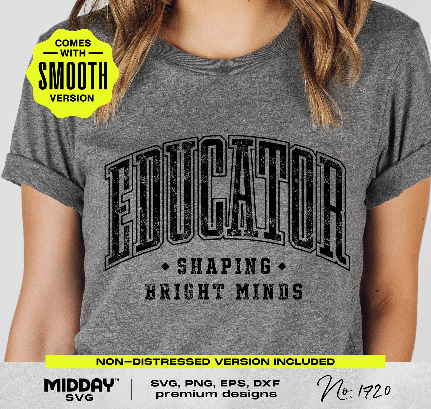 Gray t-shirt displaying 'Educator Shaping Bright Minds' text, featuring smooth and rough version options for digital cutting designs.