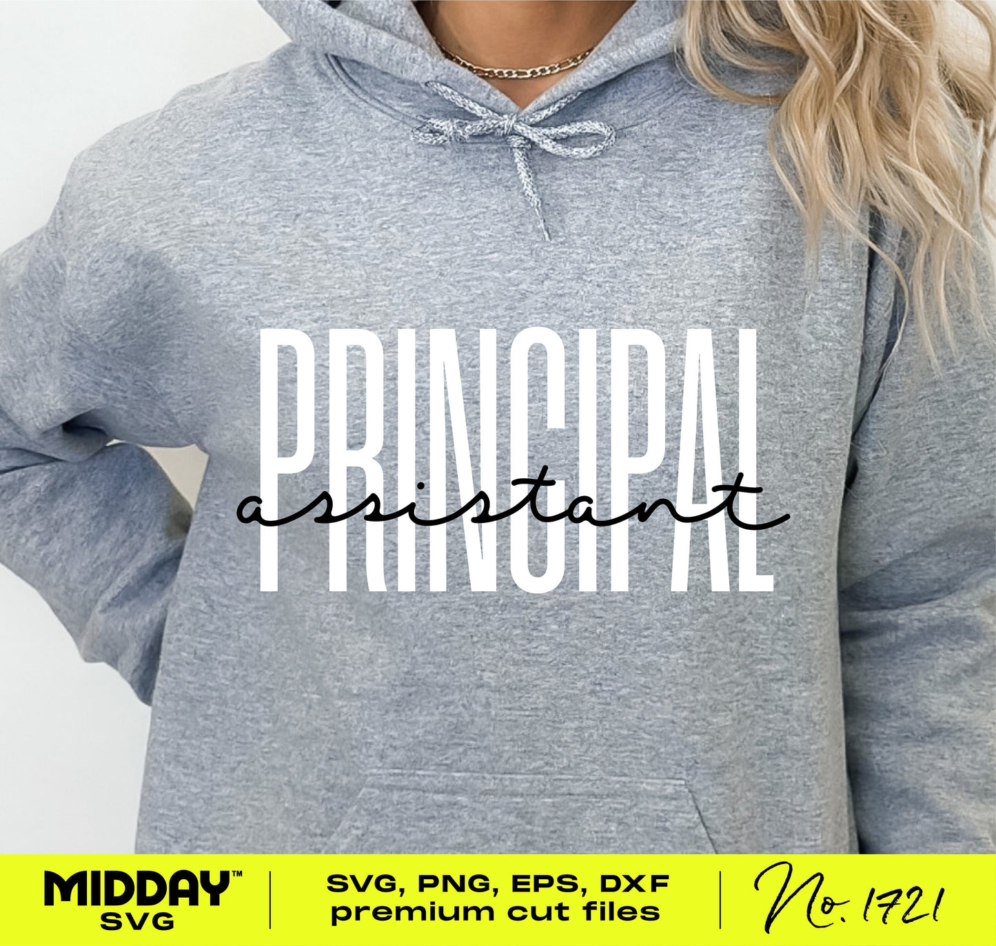 Gray hoodie with 'Assistant Principal' SVG design, suitable for Cricut and Silhouette, ideal for shirts and tumblers.