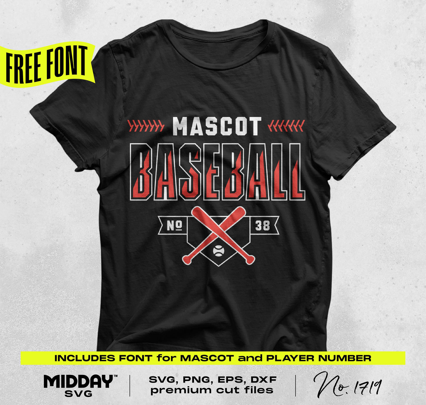Black t-shirt with Baseball SVG DIY template featuring mascot, number, and bats. Includes free font for customization.