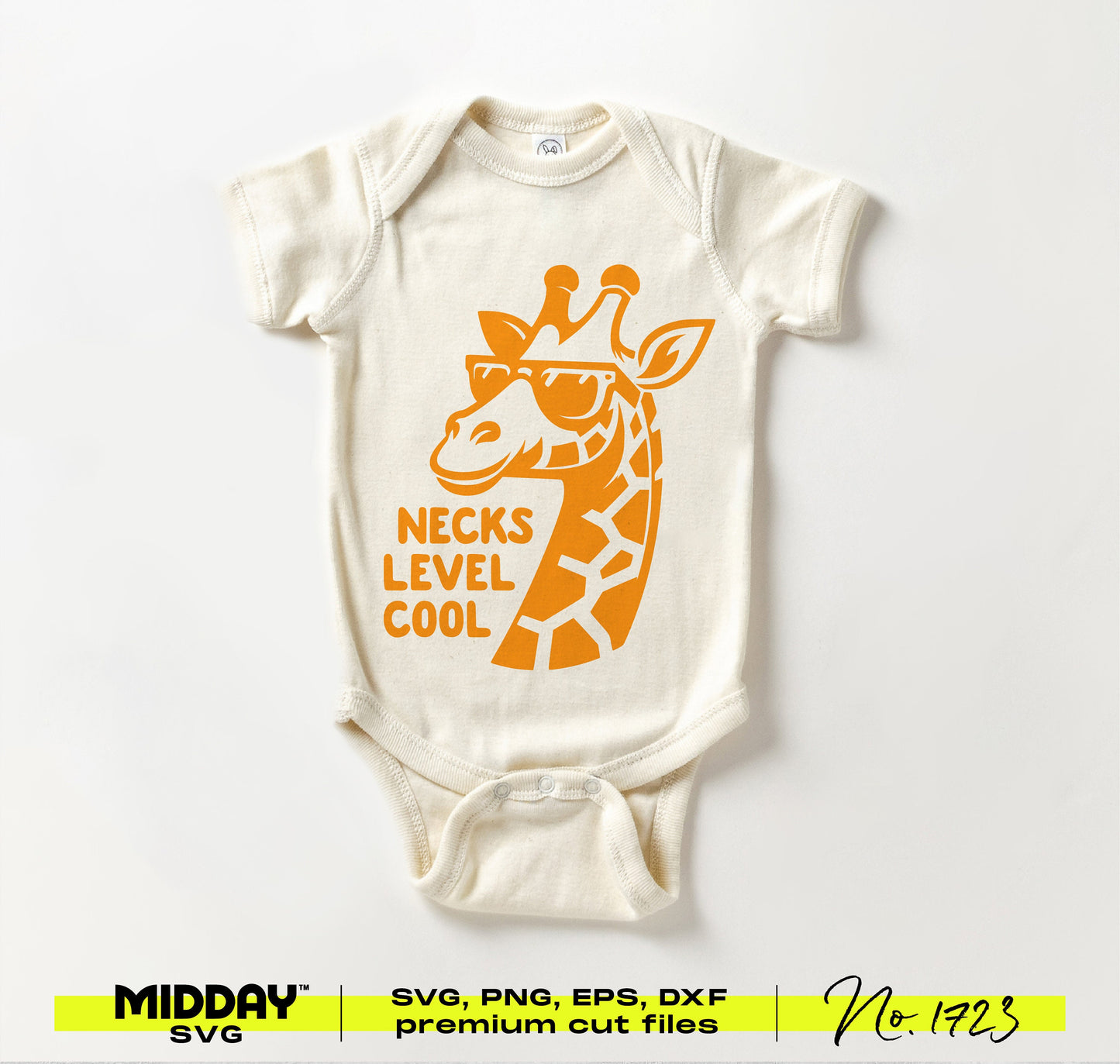 Funny giraffe design on toddler shirt, 'Necks Level Cool' in orange, whimsical SVG PNG for clothing or nursery decor.