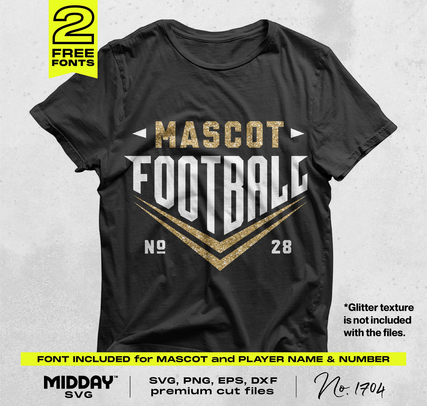 Black football-themed T-shirt mockup with customizable SVG design, featuring gold and white lettering, ideal for sports fan apparel crafting.