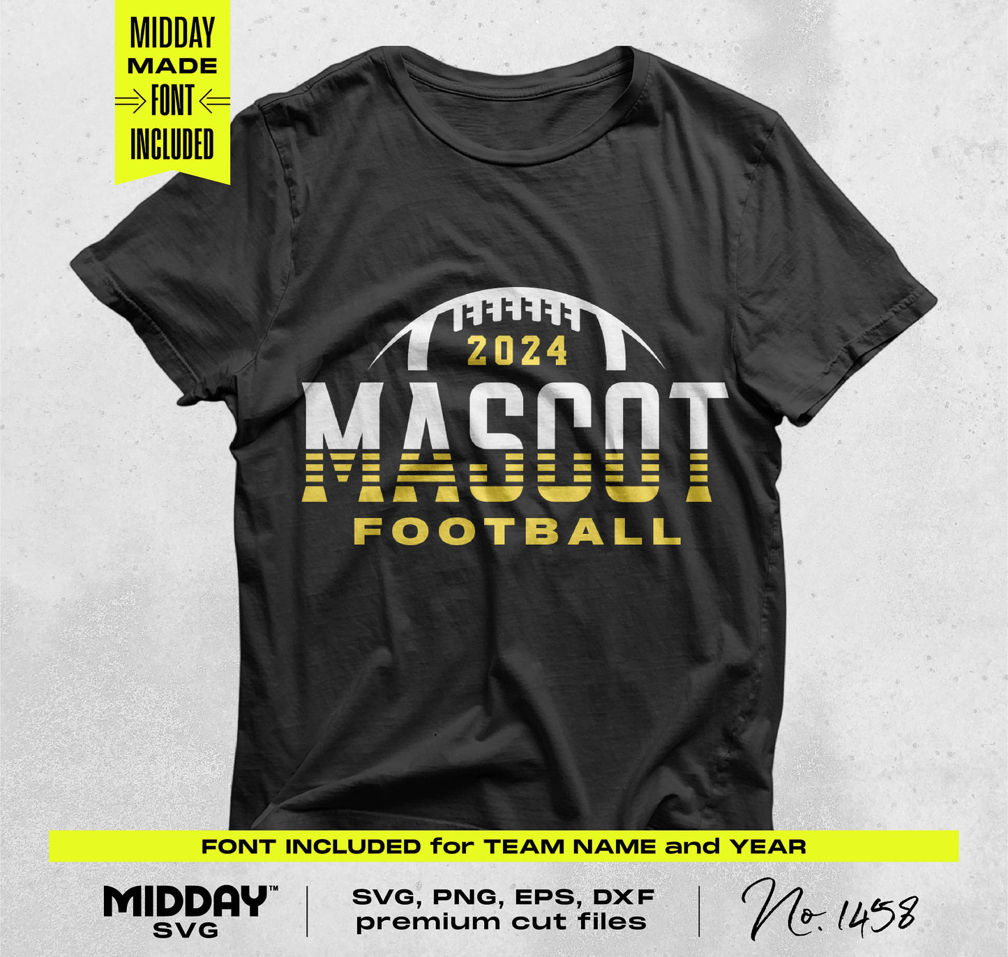 Football SVG PNG shirt design with customizable team name and year for crafting projects.