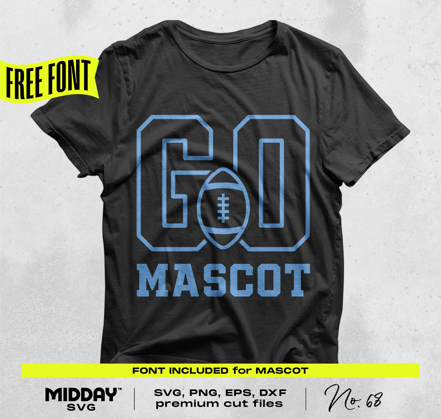 "Black T-shirt with blue 'GO Mascot' design and football icon. Free font included for crafting and team apparel customization."
