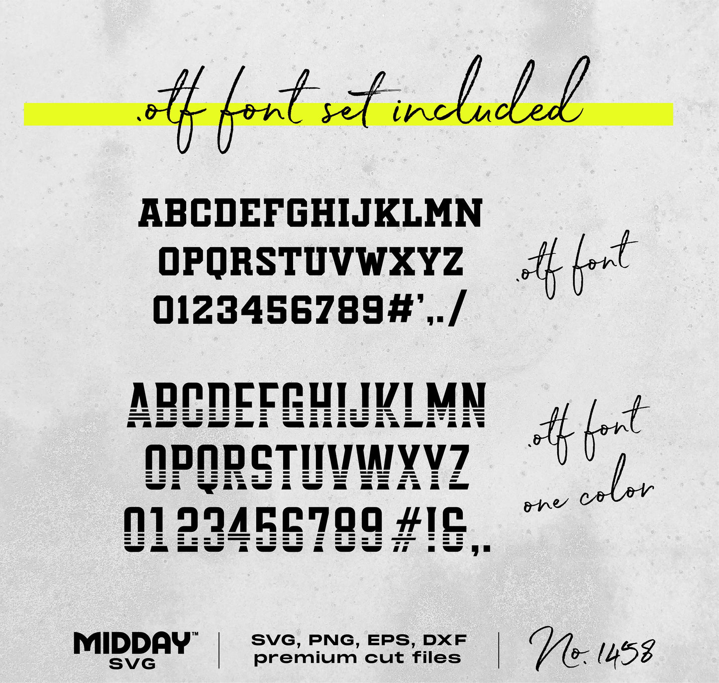 Premium OTF font set with uppercase letters, numbers, and symbols in bold and one color styles, includes SVG and PNG formats.