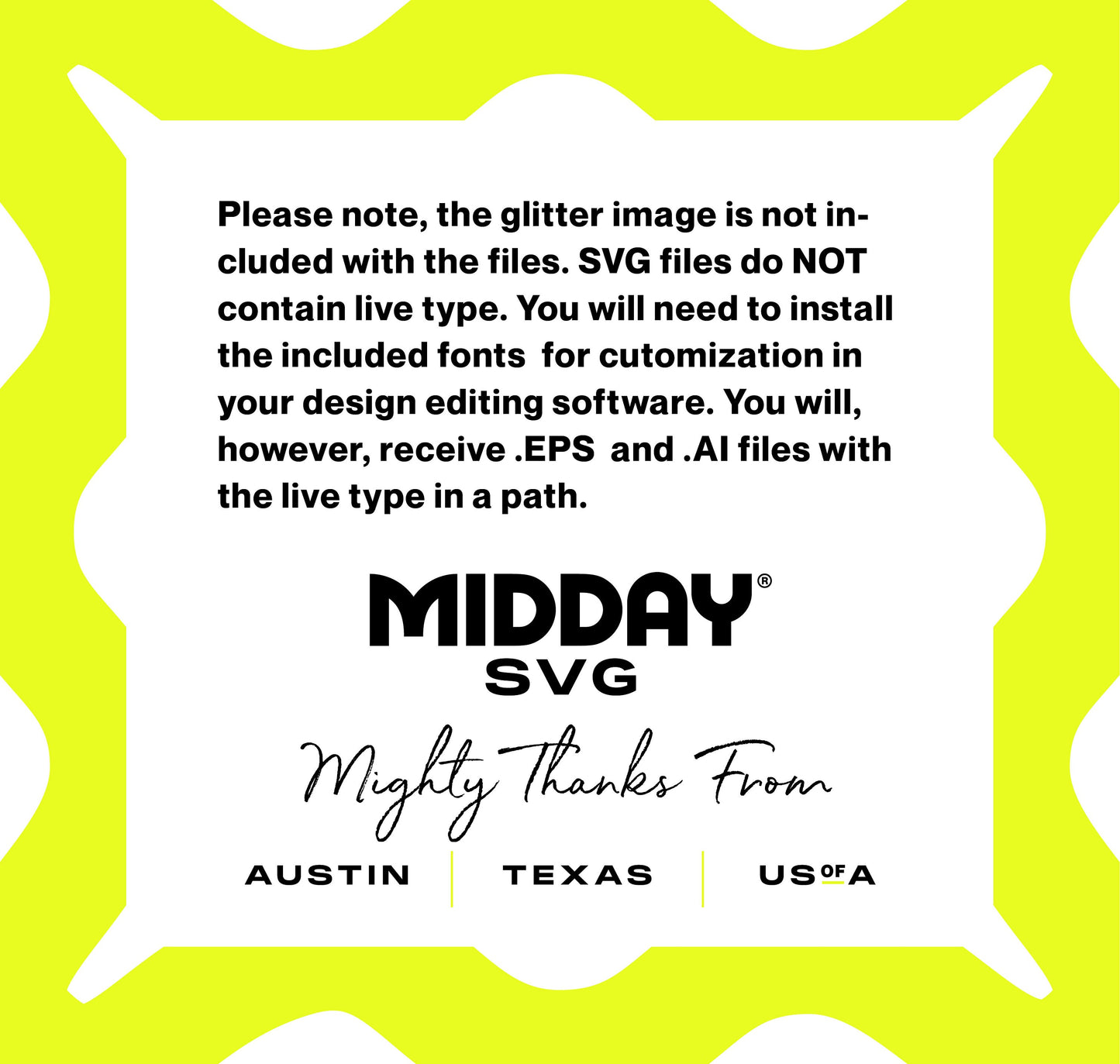 SVG file disclaimer indicating customization requirements and included file formats, displayed against a yellow background.