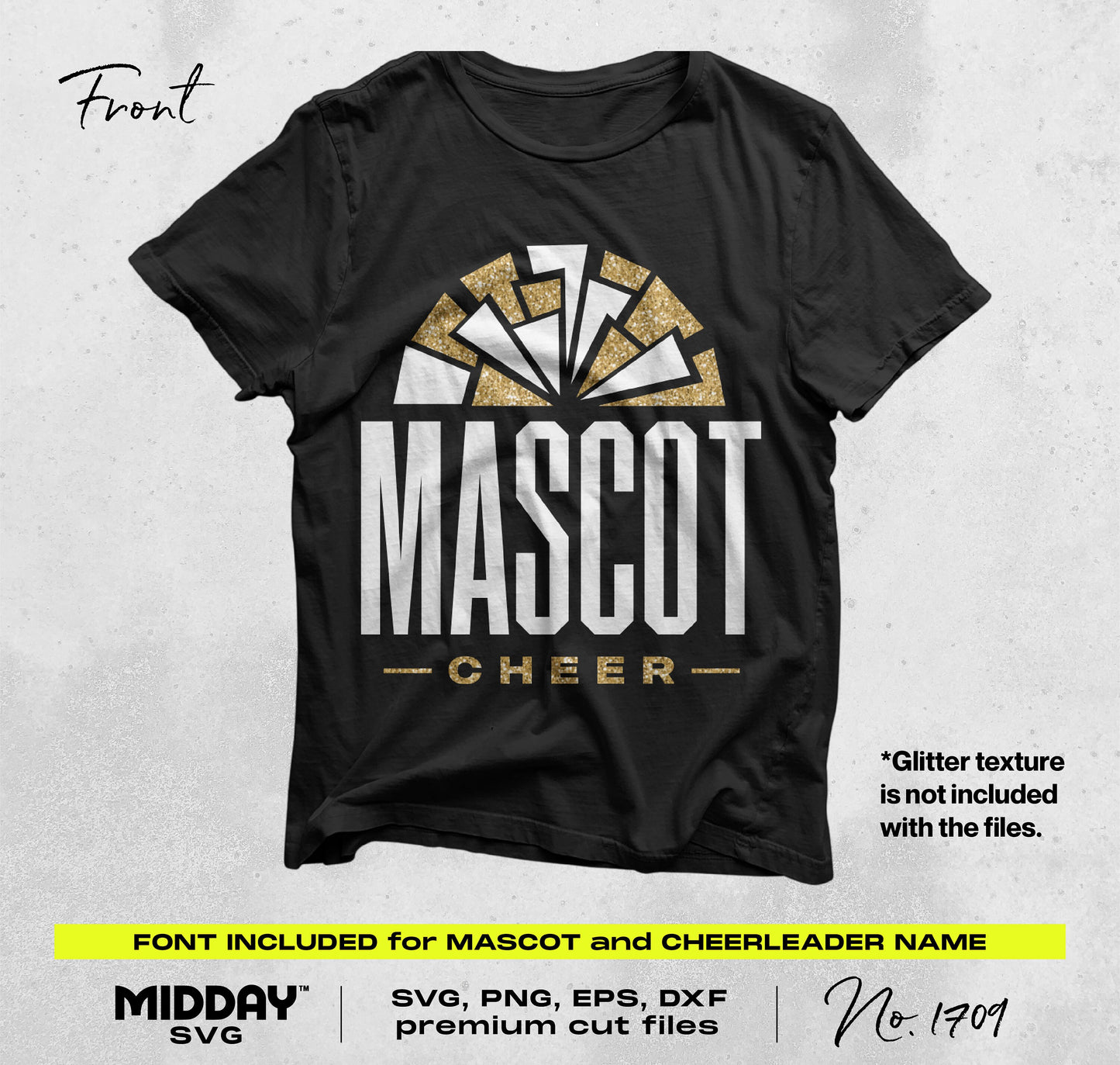 Black t-shirt with custom cheerleader mascot design, featuring bold lettering, gold accents, and customizable text options.