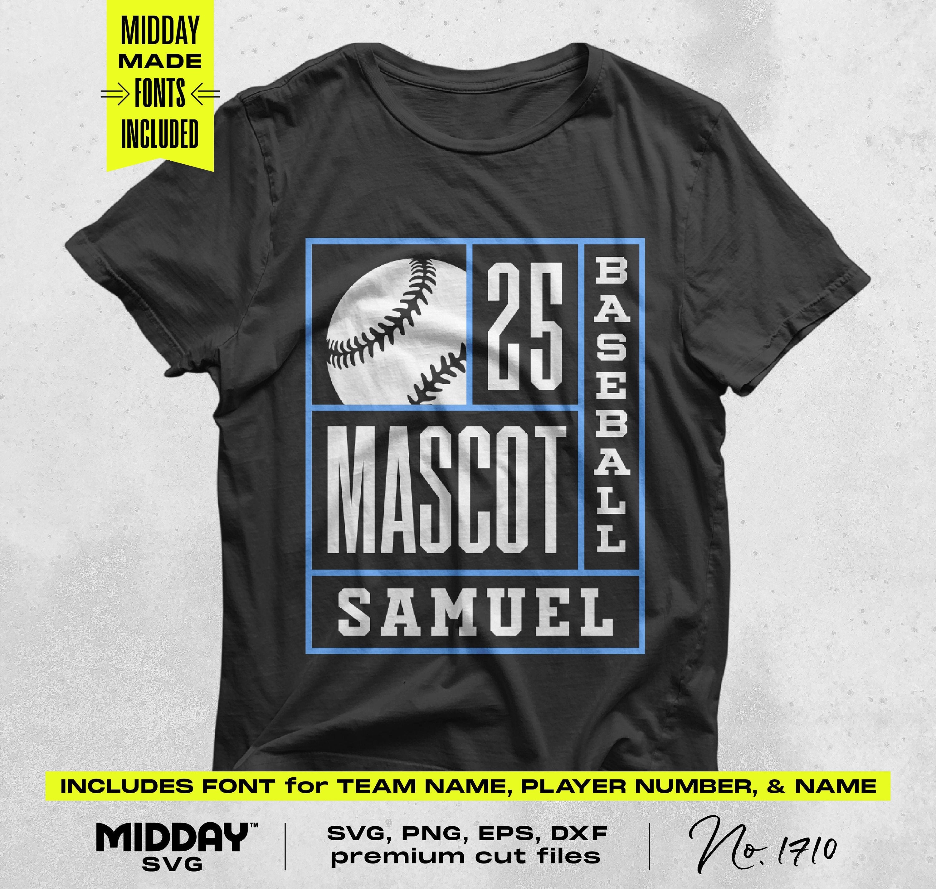 Custom baseball SVG PNG design template on t-shirt featuring team mascot, player name, and number personalization options.