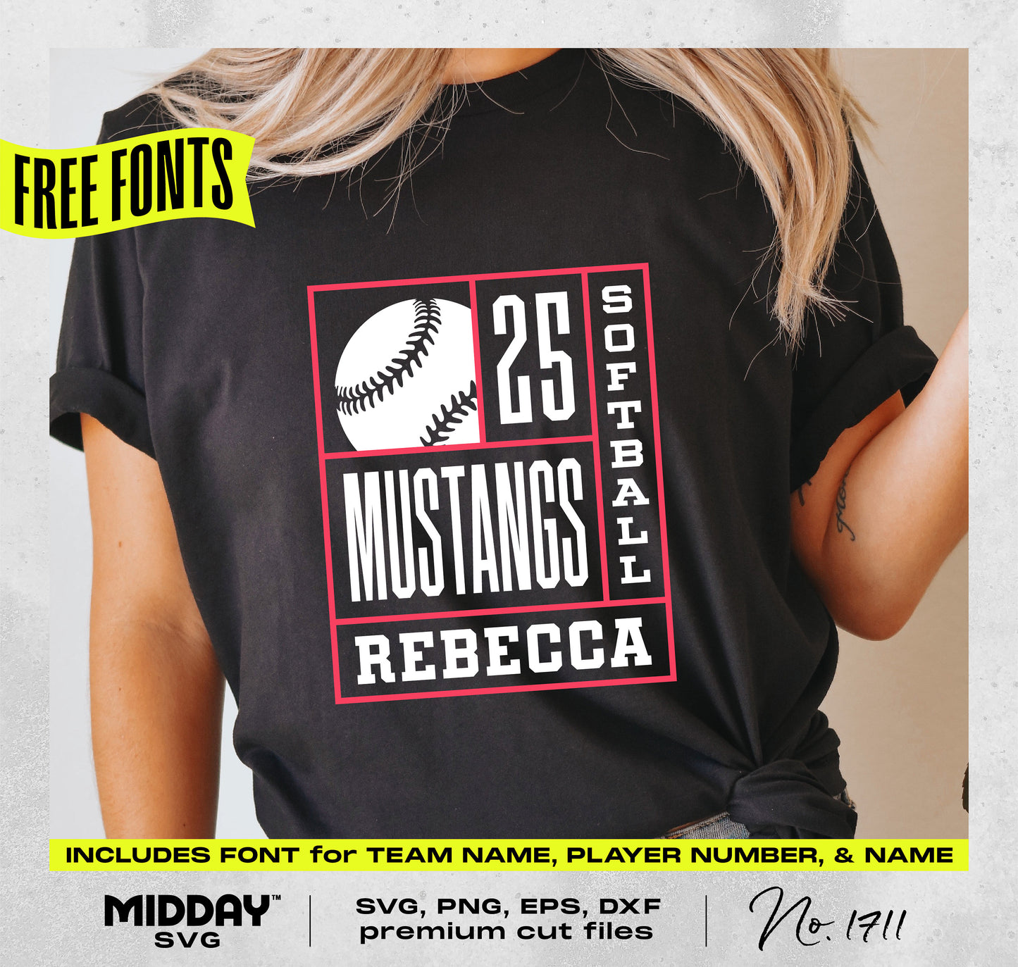 Softball player t-shirt with customizable SVG PNG design featuring team name, player number, and name using .otf font template.