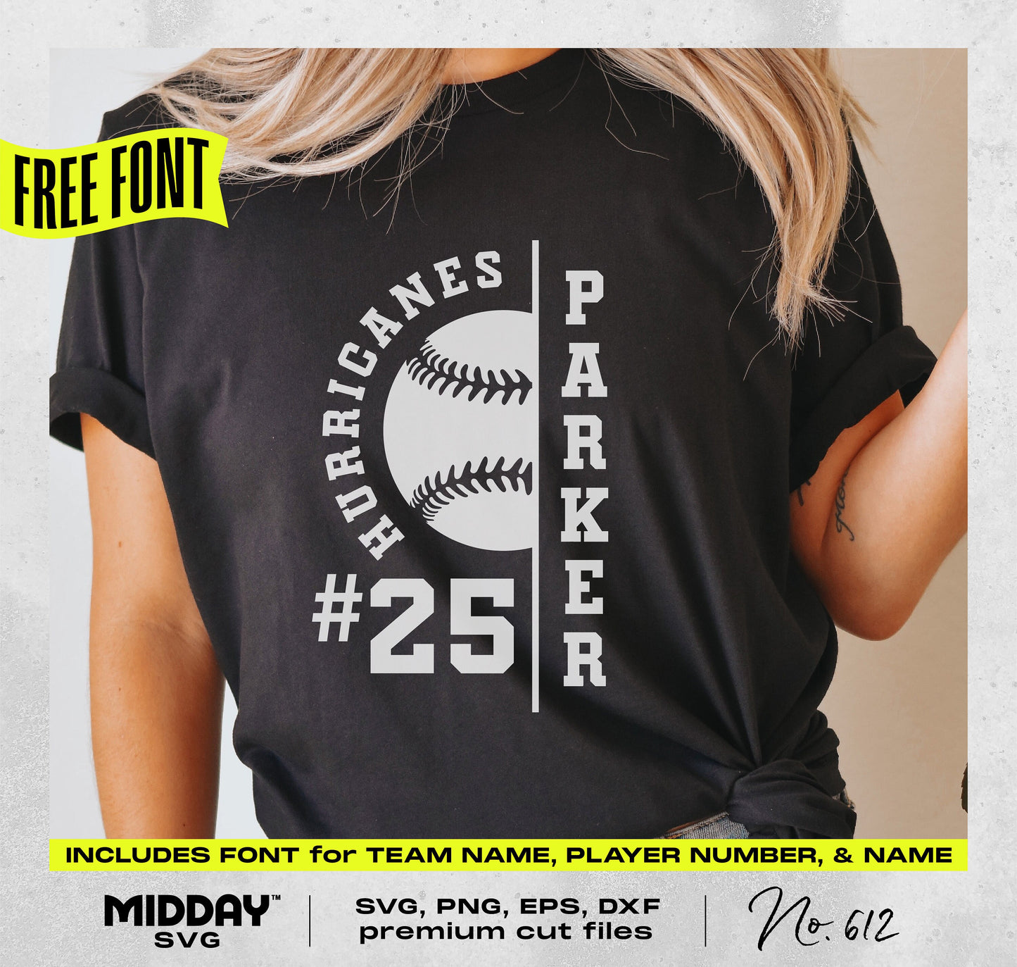 Person wearing a custom black baseball shirt with 'Hurricanes Parker #25' design, includes fonts for team name, player number, and name.