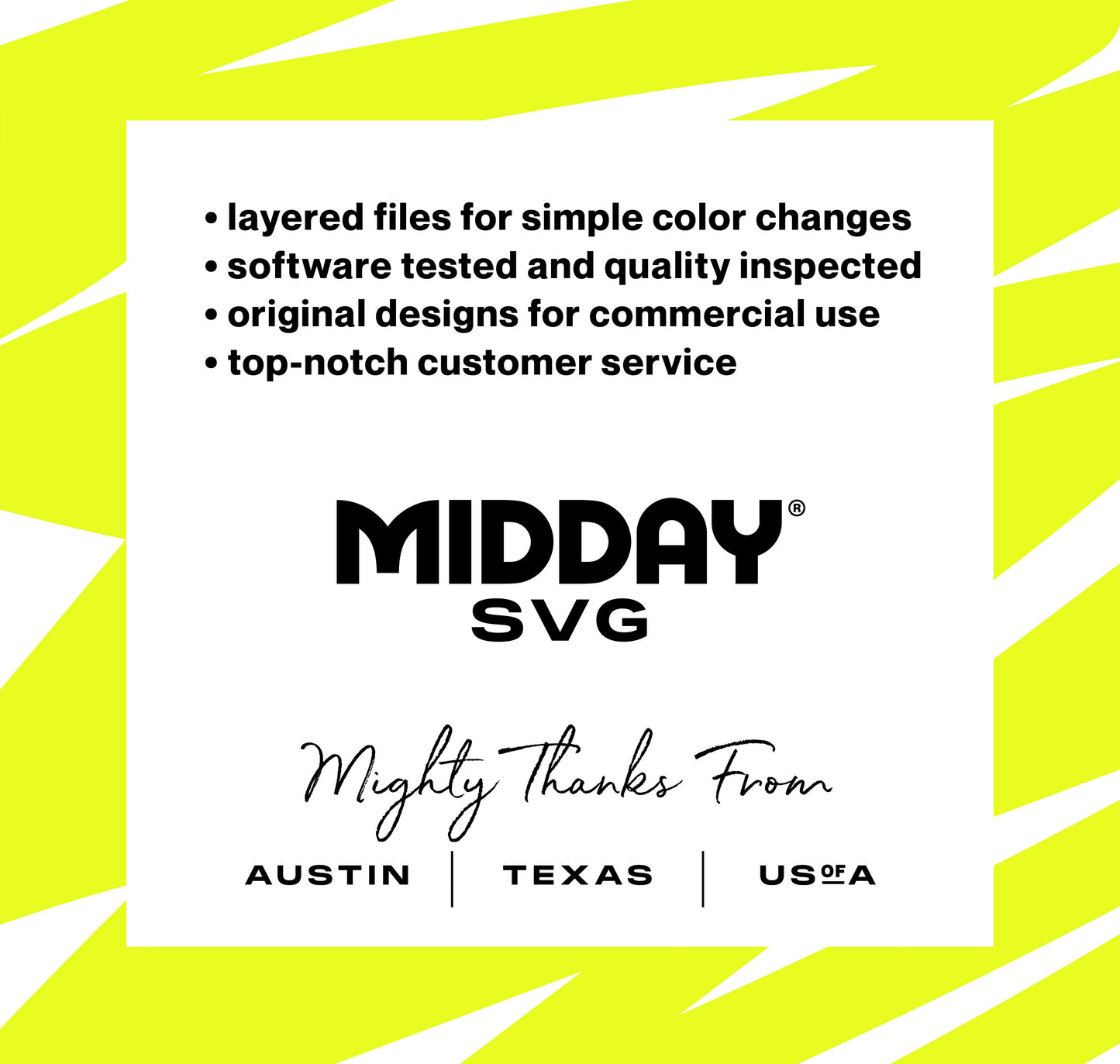 Midday SVG features layered files, quality inspected software, original designs, top-notch service; based in Austin, Texas, USA.