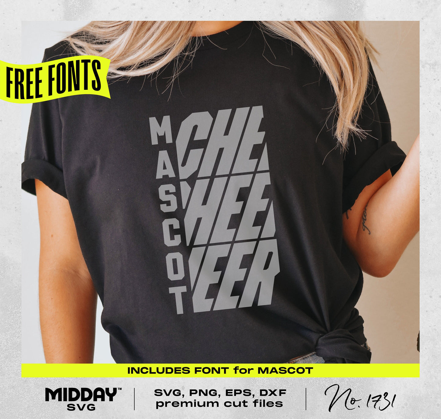 Cheer Team Template SVG on a black t-shirt featuring bold typography and stacked words for cheerleading crafts.