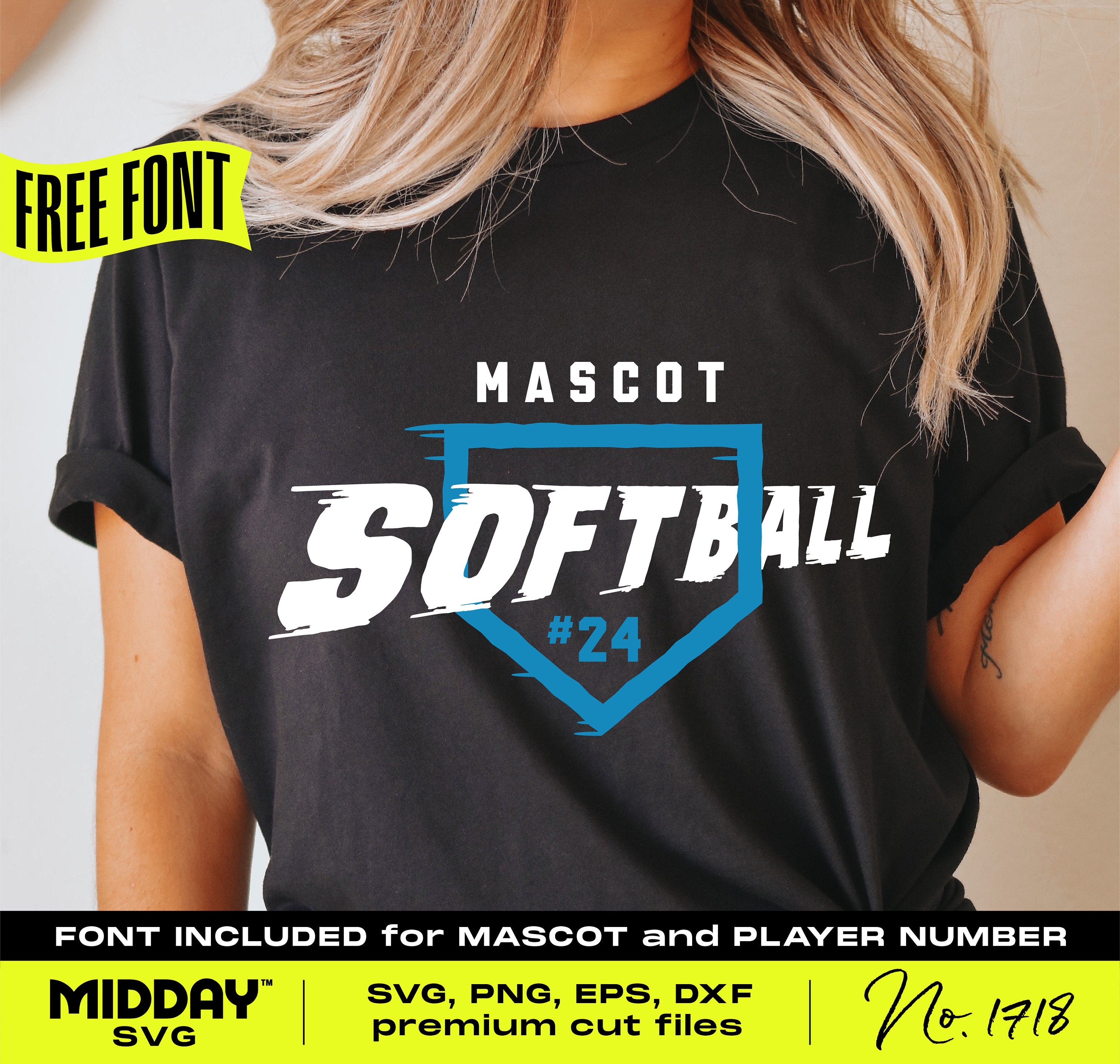 Woman wearing custom Softball t-shirt with mascot and player number, showcasing DIY SVG, PNG design for team apparel.