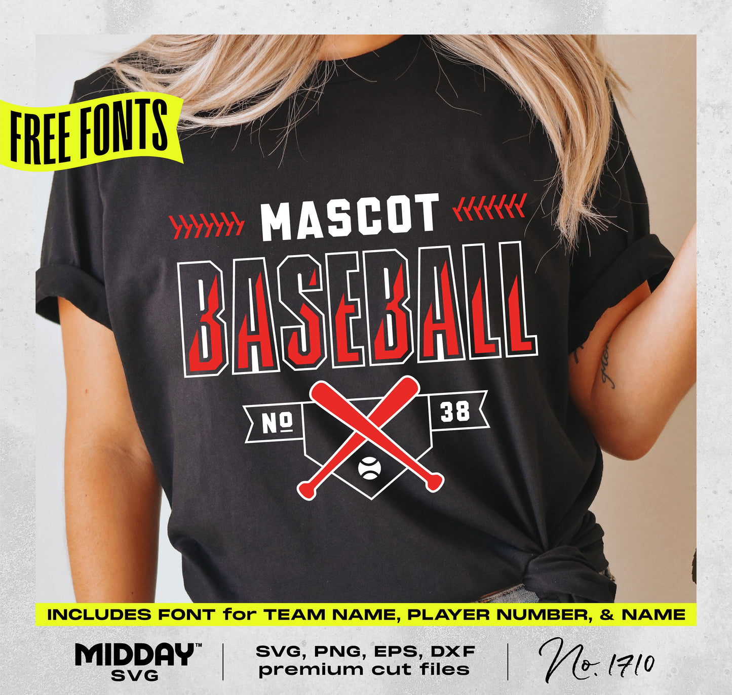 Custom baseball T-shirt with Mascot name, player number, and crossed bats design. Includes team customization font. Perfect for fans.