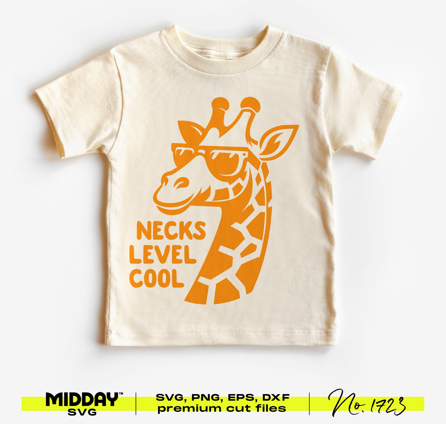 Funny toddler shirt with a giraffe wearing sunglasses and the text 'Necks Level Cool' in orange, perfect for playful kids' apparel.