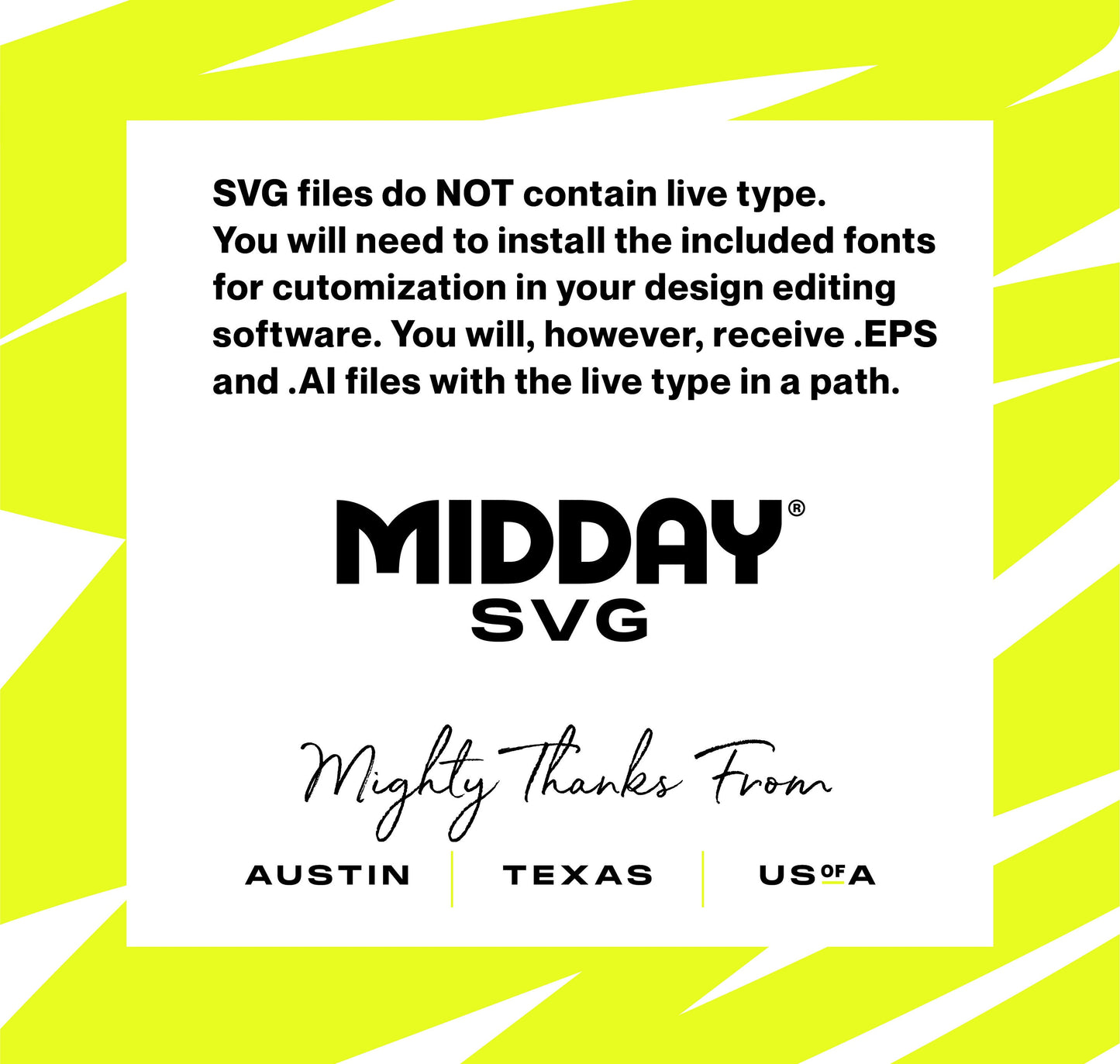 Informational image about SVG files from Midday SVG with customization and font use instructions, based in Austin, Texas, USA.