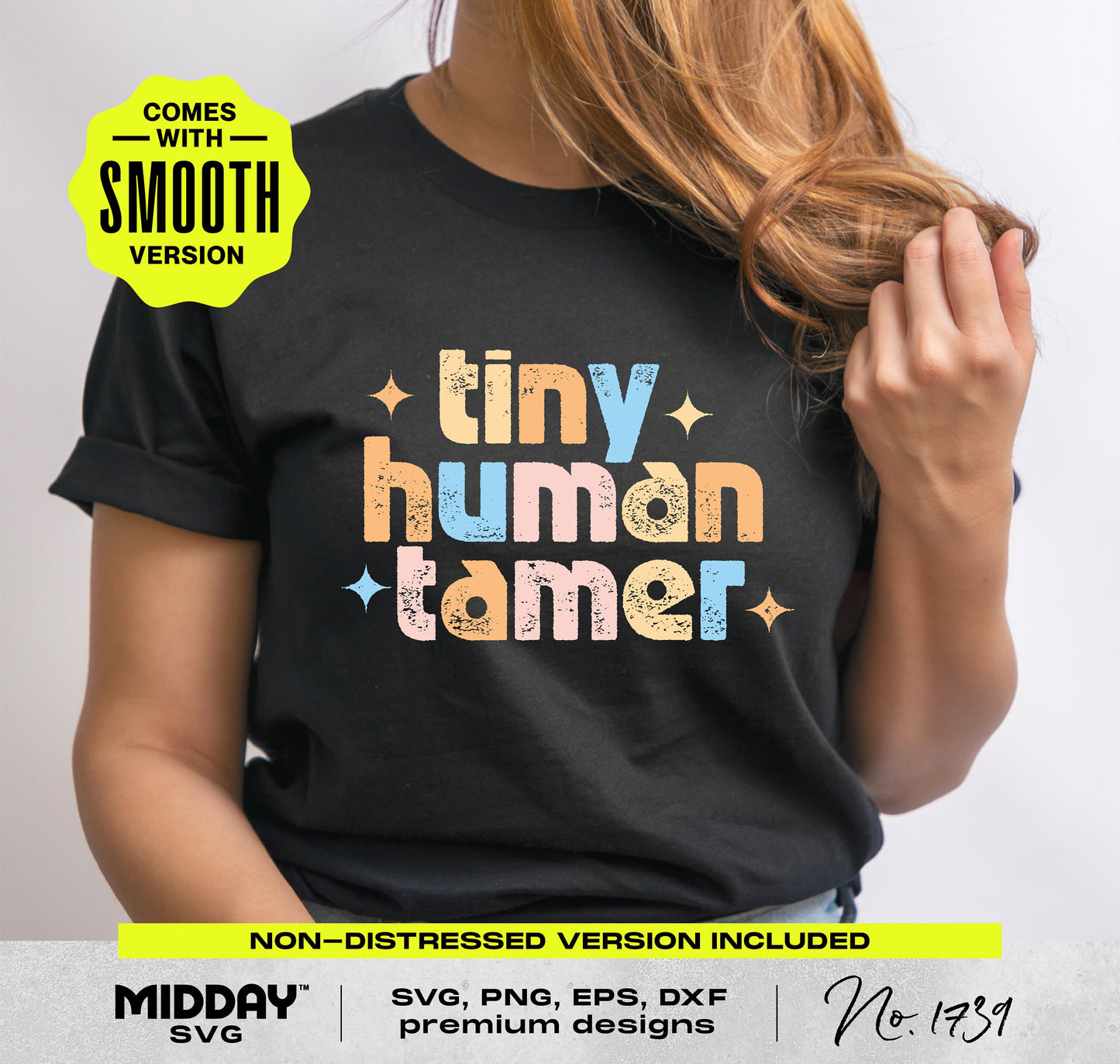 Woman wearing 'Tiny Human Tamer' T-shirt, perfect for preschool and kindergarten teachers.