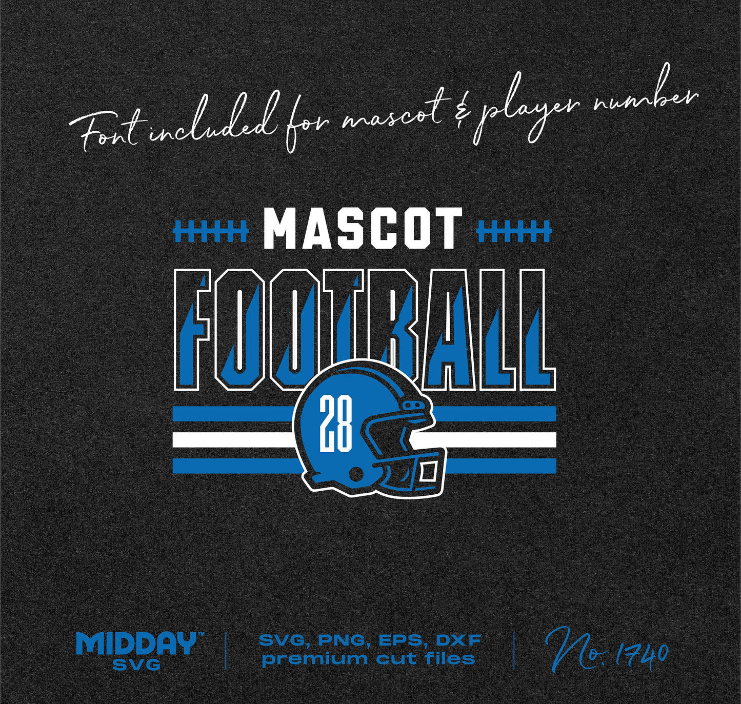 Customizable football team template SVG/PNG with mascot and player number fonts, perfect for personalized football designs.