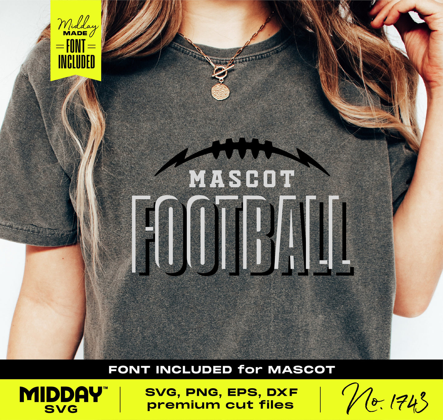 Football team shirt featuring 'Mascot Football' design with customizable SVG/PNG files for Cricut and Silhouette projects.