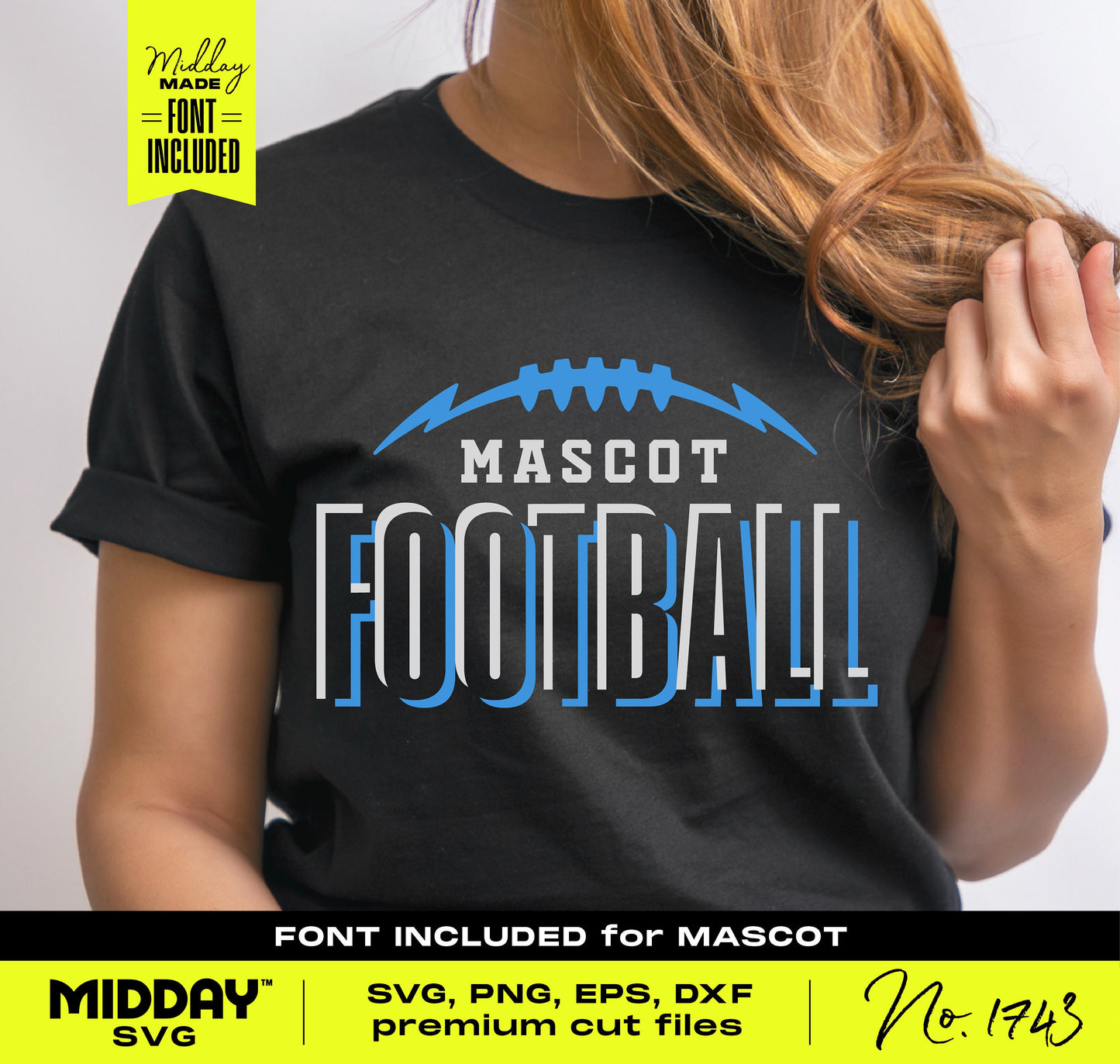 Customizable football team shirt design with 'Mascot Football' text, available in SVG, PNG, EPS, DXF formats, ideal for Cricut and sublimation.