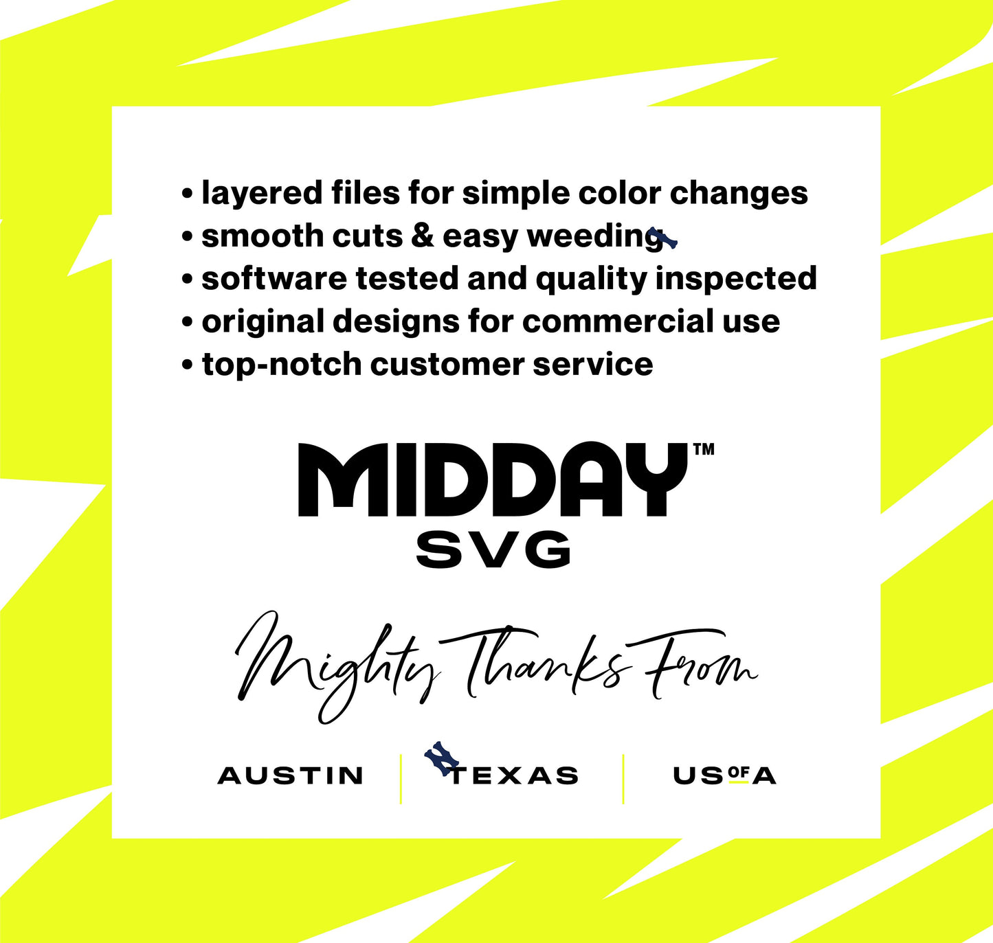 Midday SVG promotional graphic highlighting features like easy color change, smooth cuts, and original designs with Texas origin.